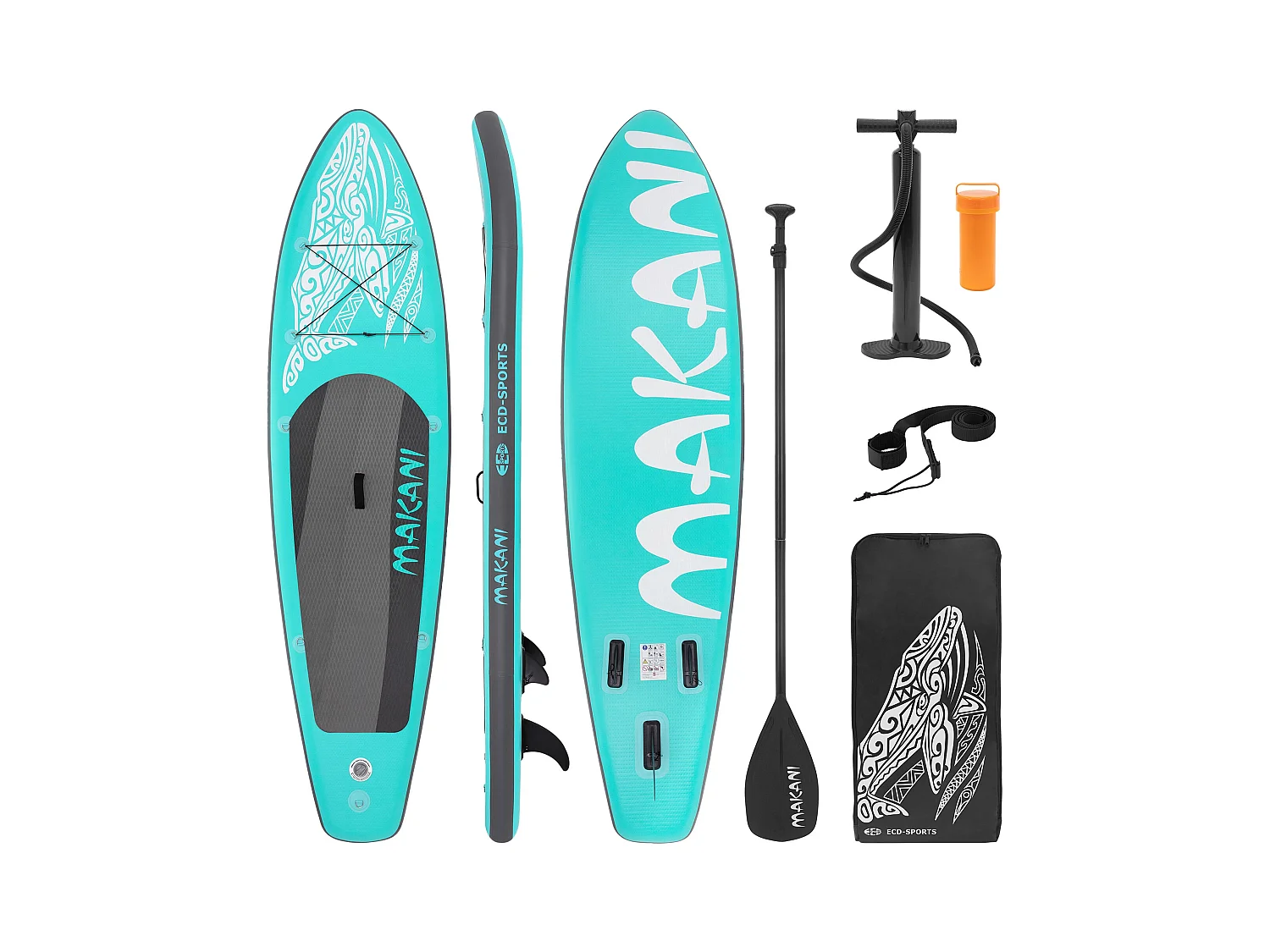 Planche stand up Makani 320x80x15cm turquoise PVC gonflable jusqu'à 120kg revêtement antidérapant avec pompe sac de transport kit de réparation pagaie