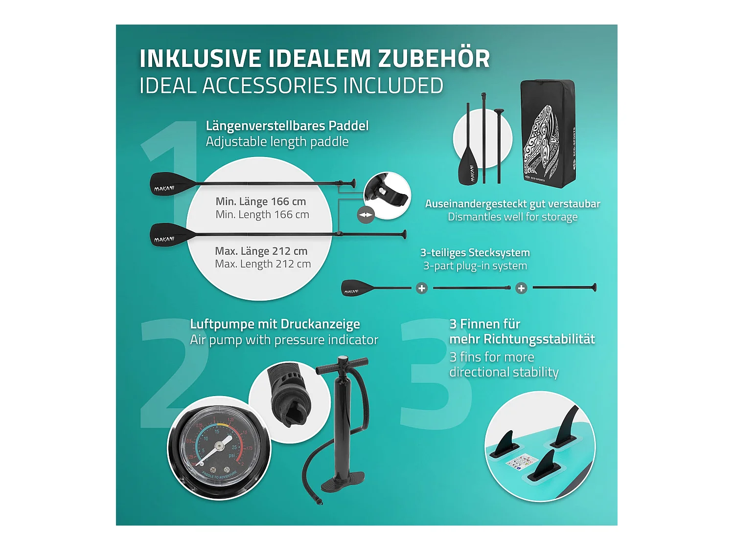 Planche stand up Makani 320x80x15cm turquoise PVC gonflable jusqu'à 120kg revêtement antidérapant avec pompe sac de transport kit de réparation pagaie