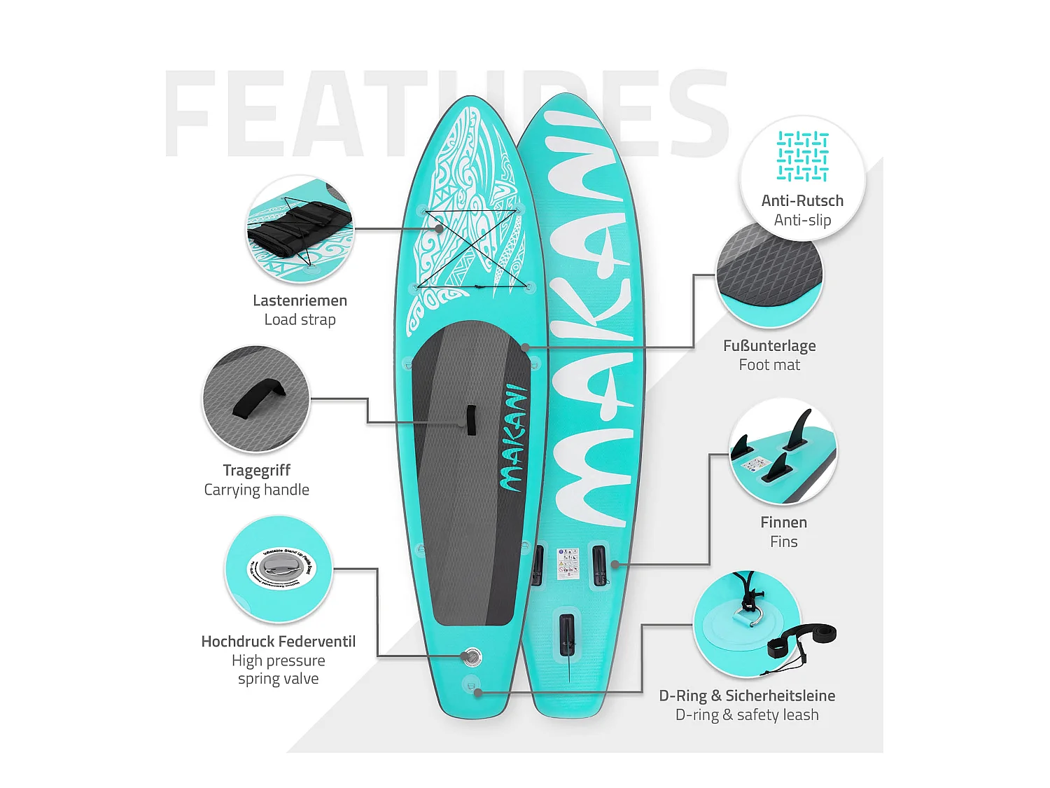 Planche stand up Makani 320x80x15cm turquoise PVC gonflable jusqu'à 120kg revêtement antidérapant avec pompe sac de transport kit de réparation pagaie