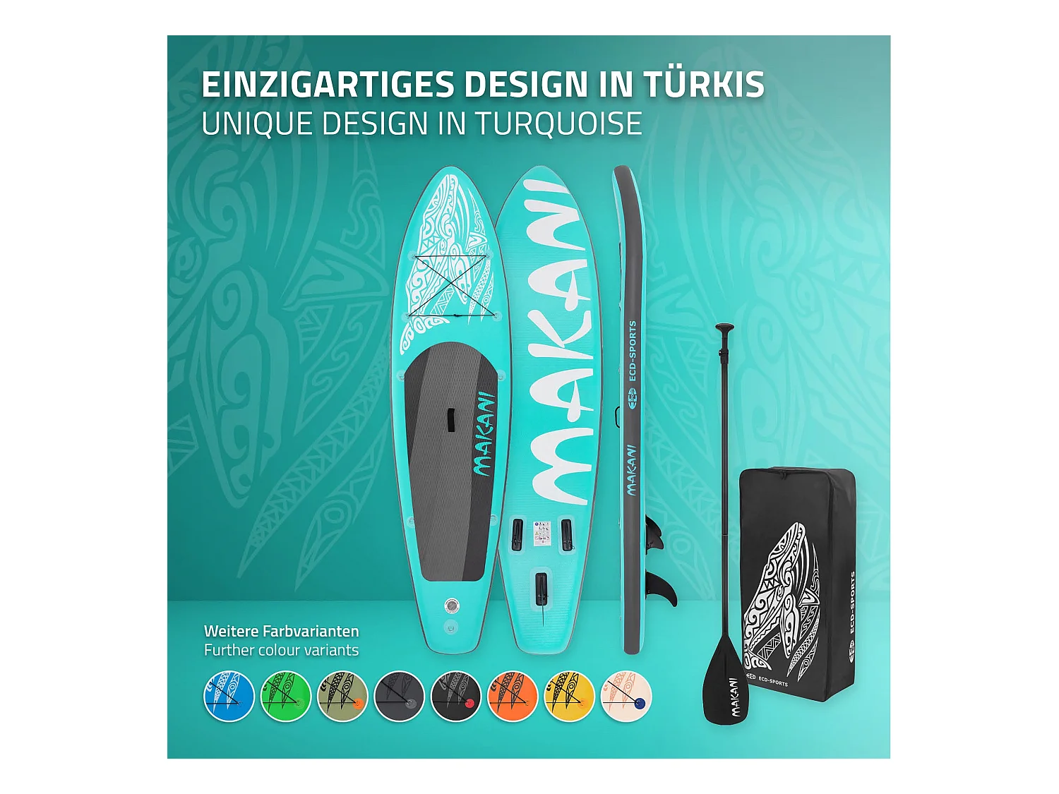 Planche stand up Makani 320x80x15cm turquoise PVC gonflable jusqu'à 120kg revêtement antidérapant avec pompe sac de transport kit de réparation pagaie