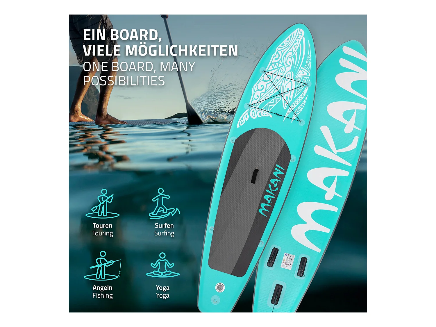 Planche stand up Makani 320x80x15cm turquoise PVC gonflable jusqu'à 120kg revêtement antidérapant avec pompe sac de transport kit de réparation pagaie