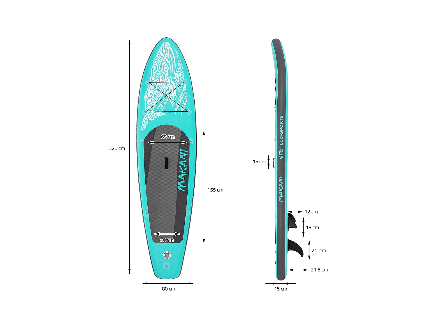 Planche stand up Makani 320x80x15cm turquoise PVC gonflable jusqu'à 120kg revêtement antidérapant avec pompe sac de transport kit de réparation pagaie