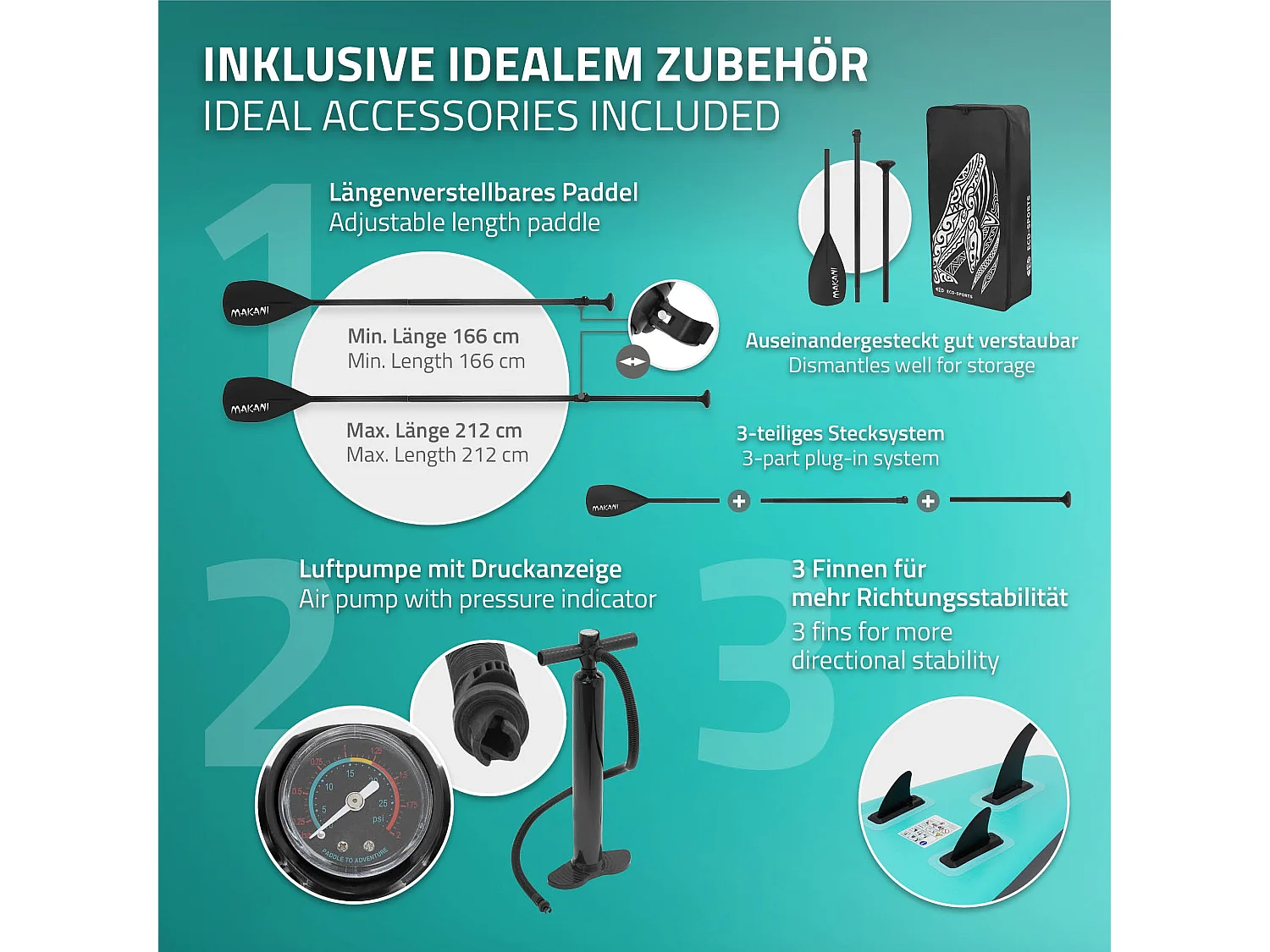 Planche stand up Makani 320x80x15cm turquoise PVC gonflable jusqu'à 120kg revêtement antidérapant avec pompe sac de transport kit de réparation pagaie