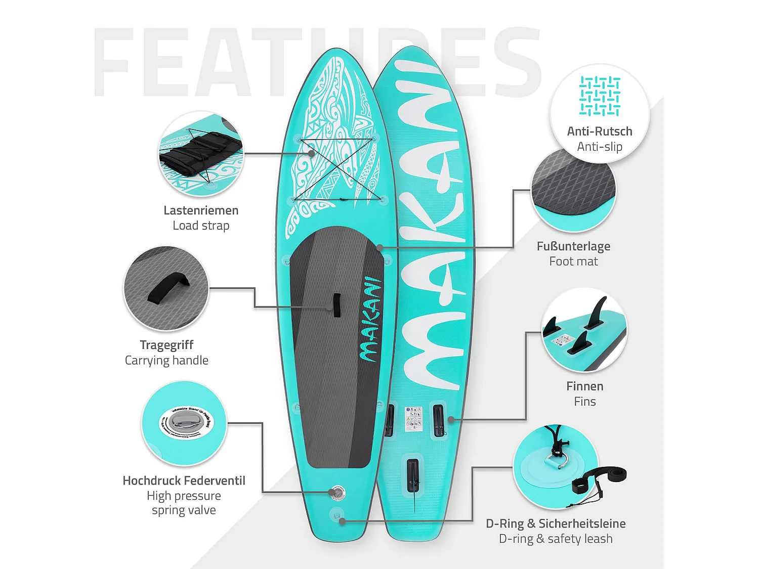 Planche stand up Makani 320x80x15cm turquoise PVC gonflable jusqu'à 120kg revêtement antidérapant avec pompe sac de transport kit de réparation pagaie