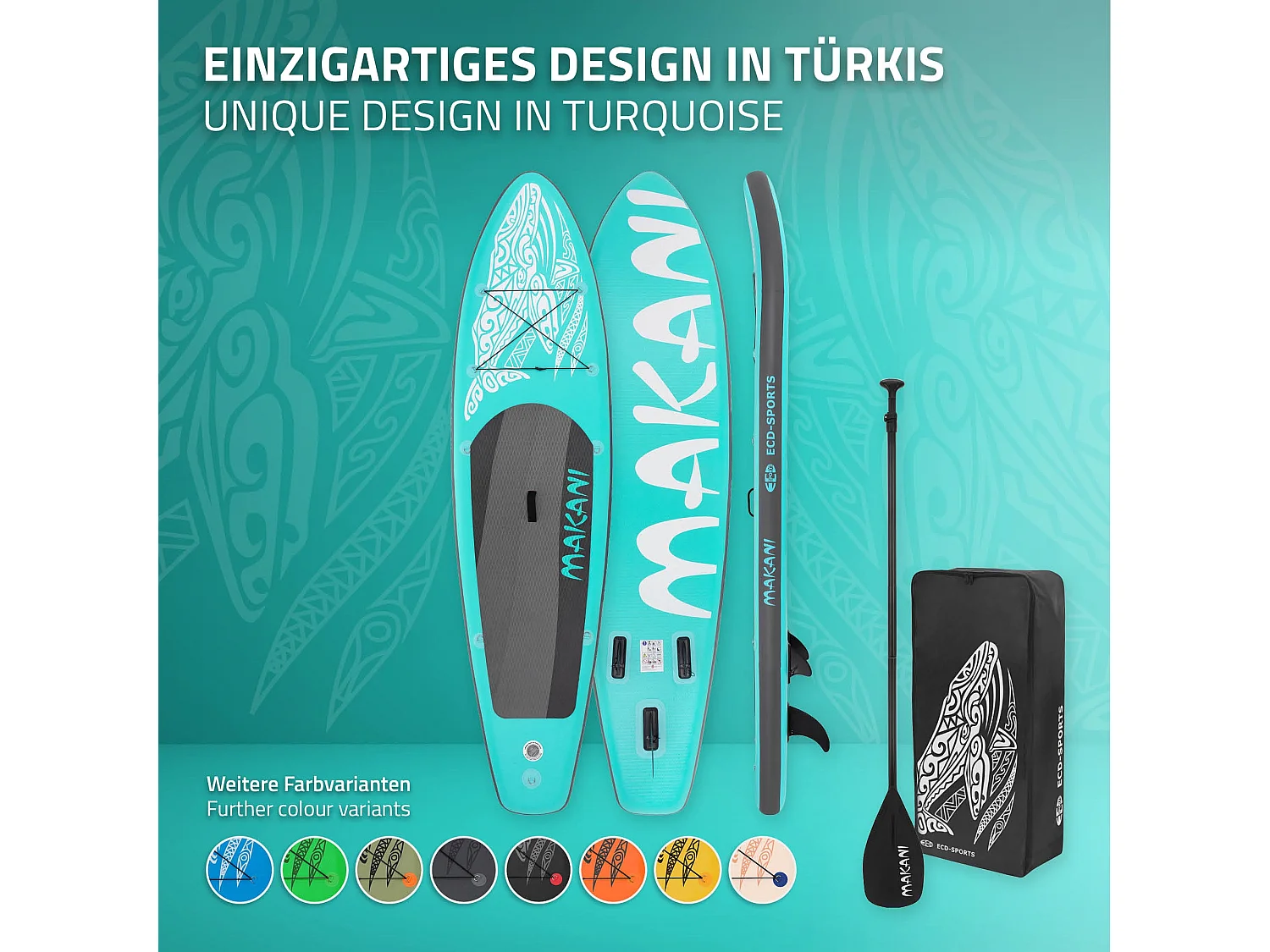 Planche stand up Makani 320x80x15cm turquoise PVC gonflable jusqu'à 120kg revêtement antidérapant avec pompe sac de transport kit de réparation pagaie