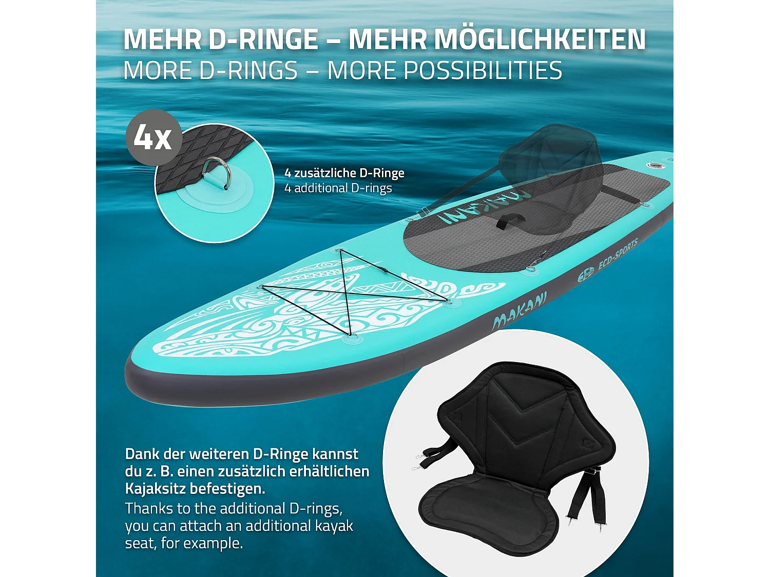 Planche stand up Makani 320x80x15cm turquoise PVC gonflable jusqu'à 120kg revêtement antidérapant avec pompe sac de transport kit de réparation pagaie