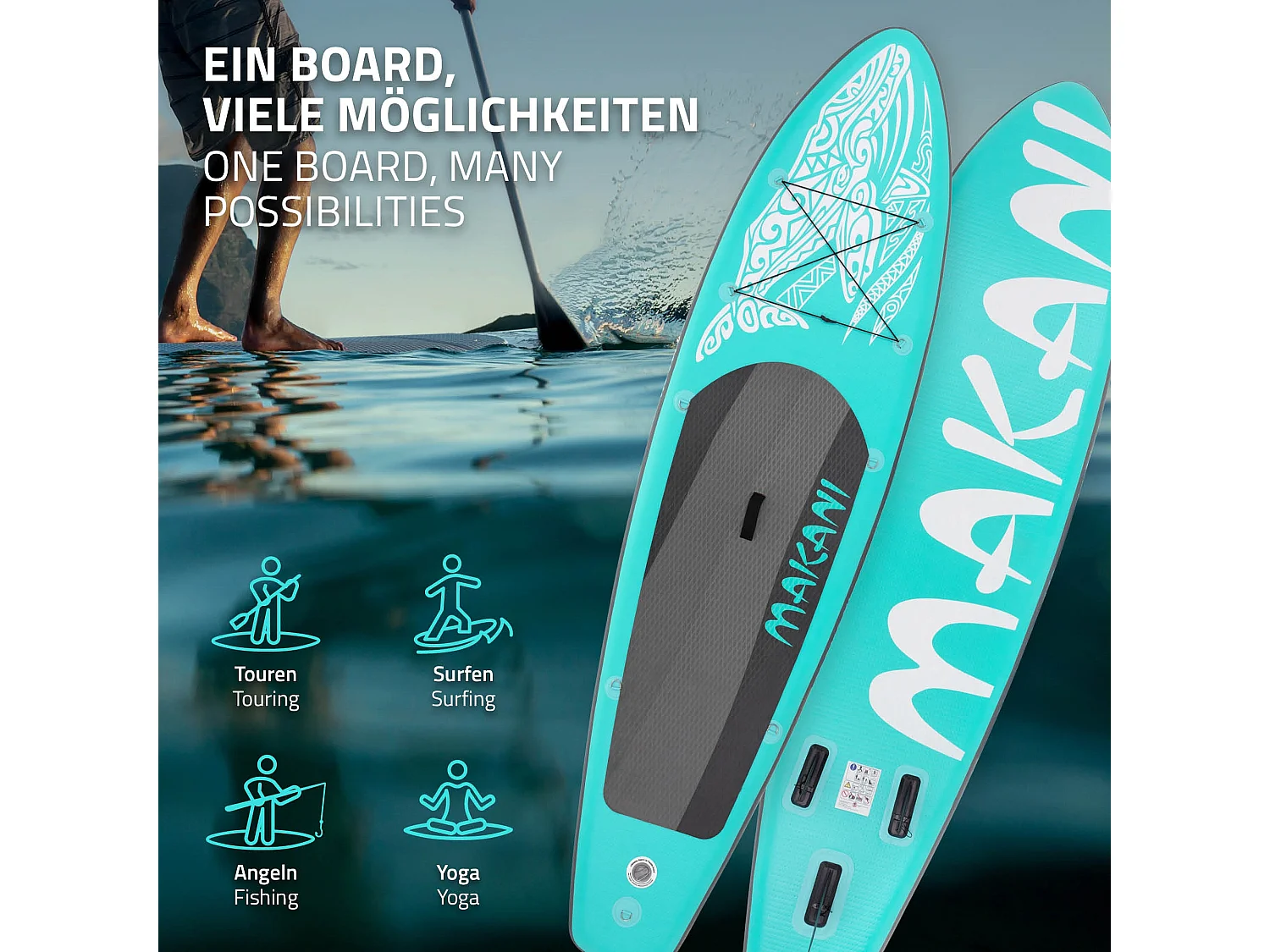 Planche stand up Makani 320x80x15cm turquoise PVC gonflable jusqu'à 120kg revêtement antidérapant avec pompe sac de transport kit de réparation pagaie