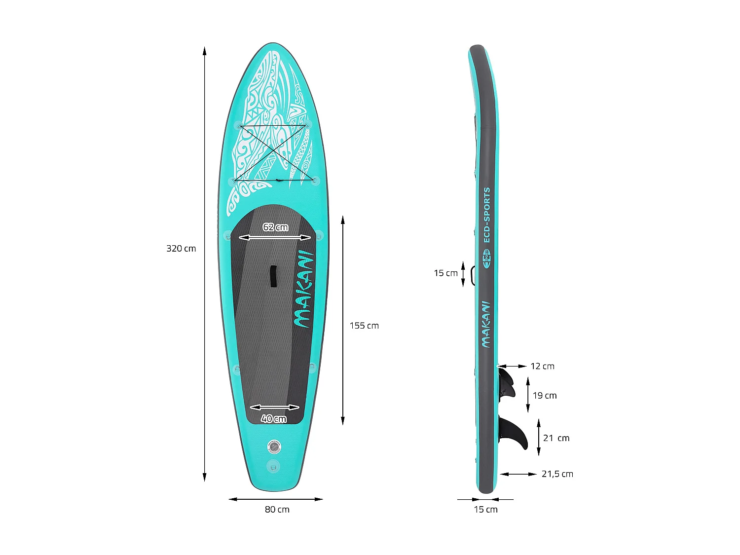 Planche stand up Makani 320x80x15cm turquoise PVC gonflable jusqu'à 120kg revêtement antidérapant avec pompe sac de transport kit de réparation pagaie