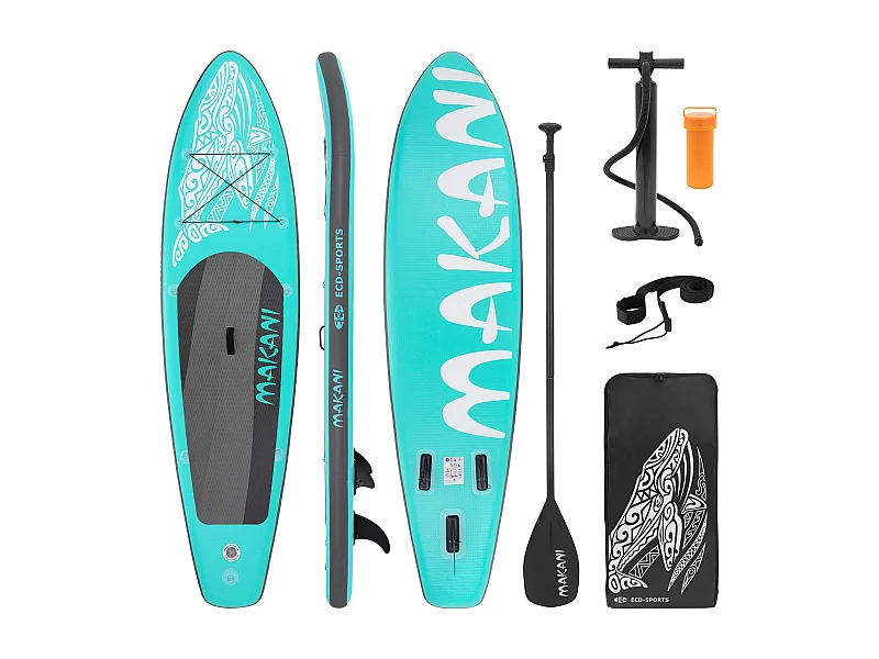 Planche stand up Makani 320x80x15cm turquoise PVC gonflable jusqu'à 120kg revêtement antidérapant avec pompe sac de transport kit de réparation pagaie