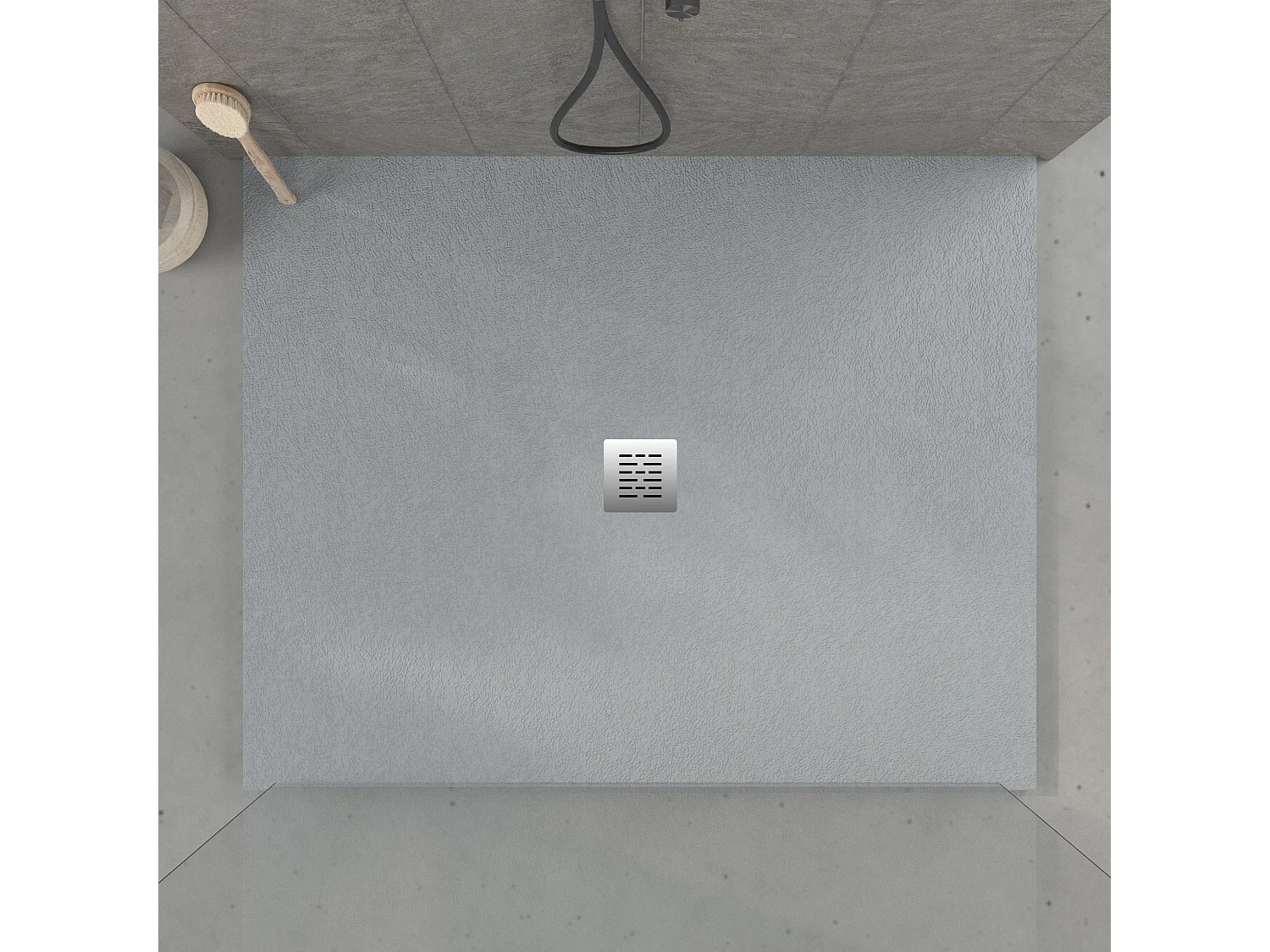 Mineralguss-Duschwanne extra flach CENTRO Schieferoptik GRAU 120x140 cm Edelstahl in chrom Ablaufschutz in Chrom