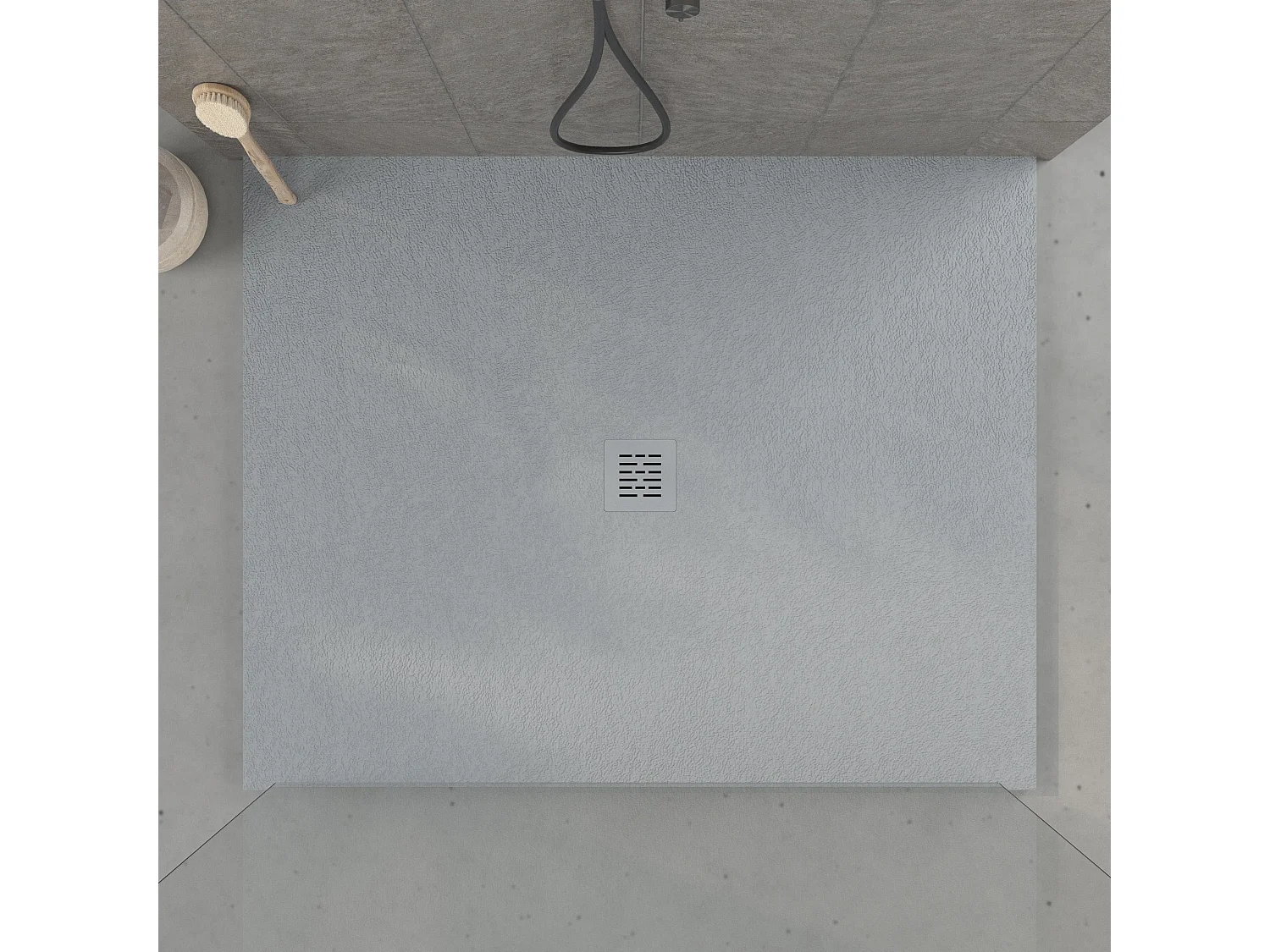 Mineralguss-Duschwanne extra flach CENTRO Schieferoptik GRAU 120x140 cm Edelstahl in chrom Ablaufschutz in Chrom