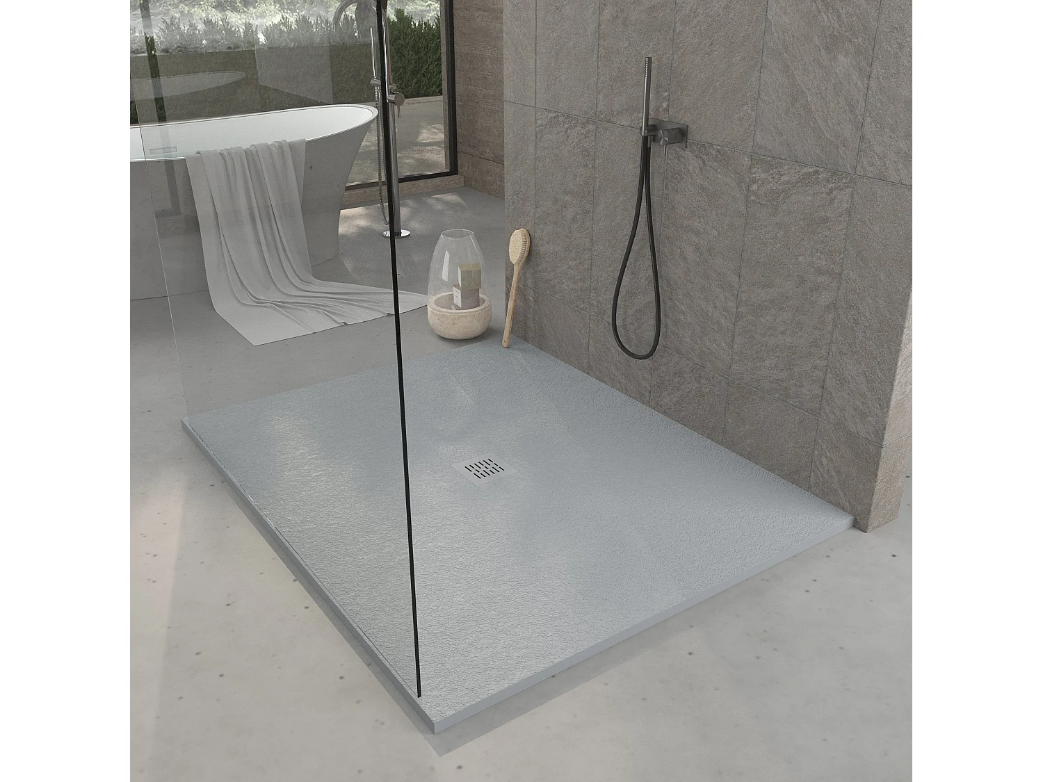 Mineralguss-Duschwanne extra flach CENTRO Schieferoptik GRAU 120x140 cm Edelstahl in chrom Ablaufschutz in Chrom