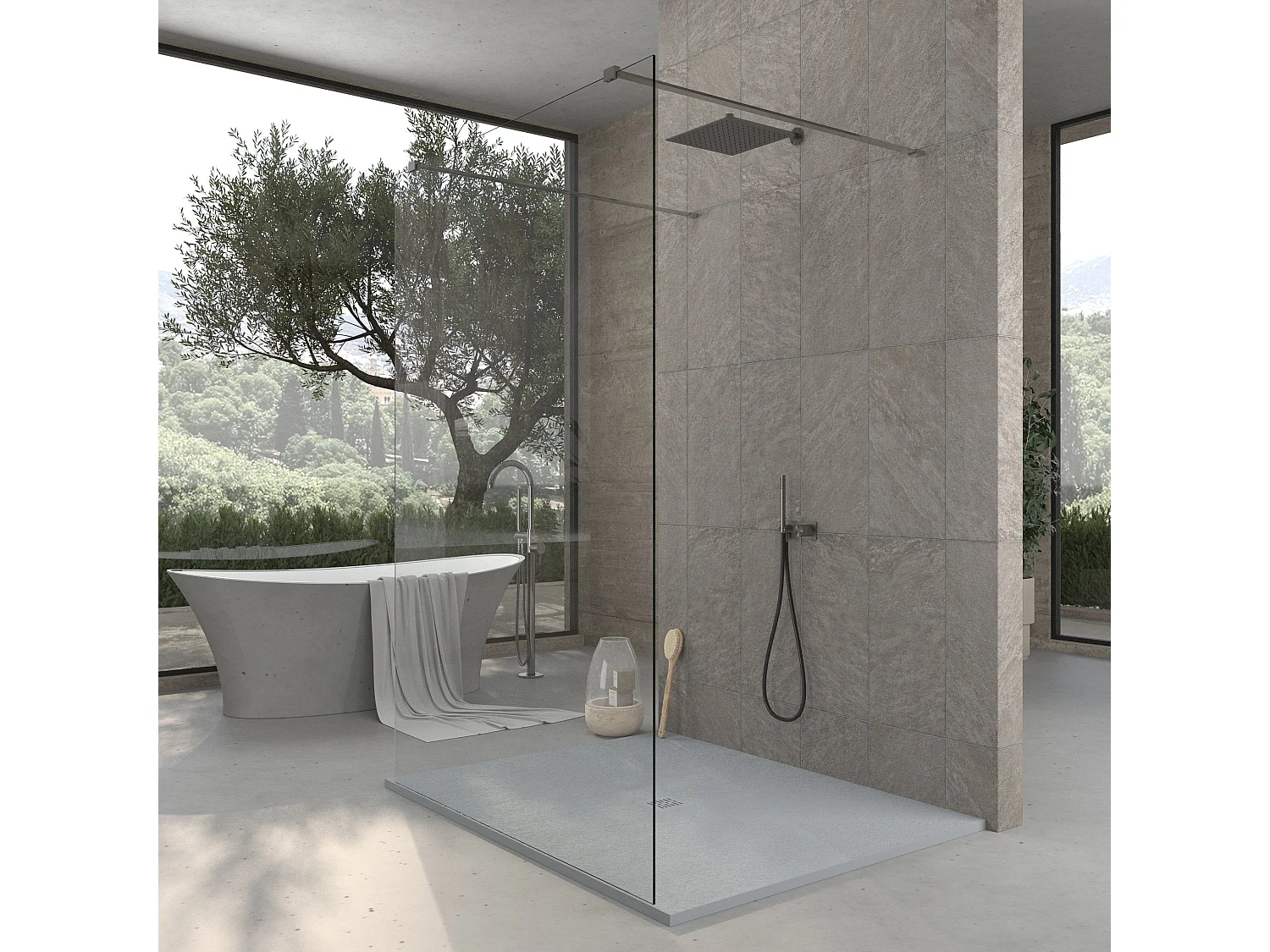 Mineralguss-Duschwanne extra flach CENTRO Schieferoptik GRAU 120x140 cm Edelstahl in chrom Ablaufschutz in Chrom