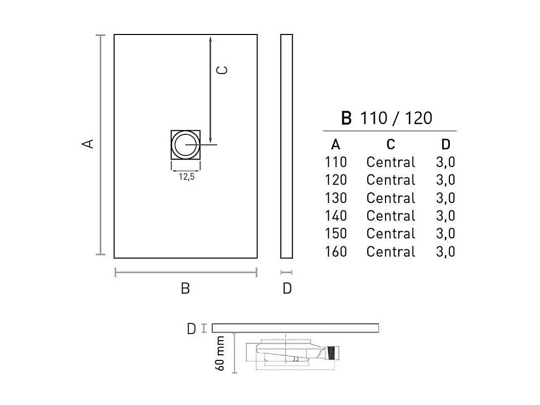 Mineralguss-Duschwanne extra flach CENTRO Schieferoptik GRAU 120x140 cm Edelstahl in chrom Ablaufschutz in Chrom