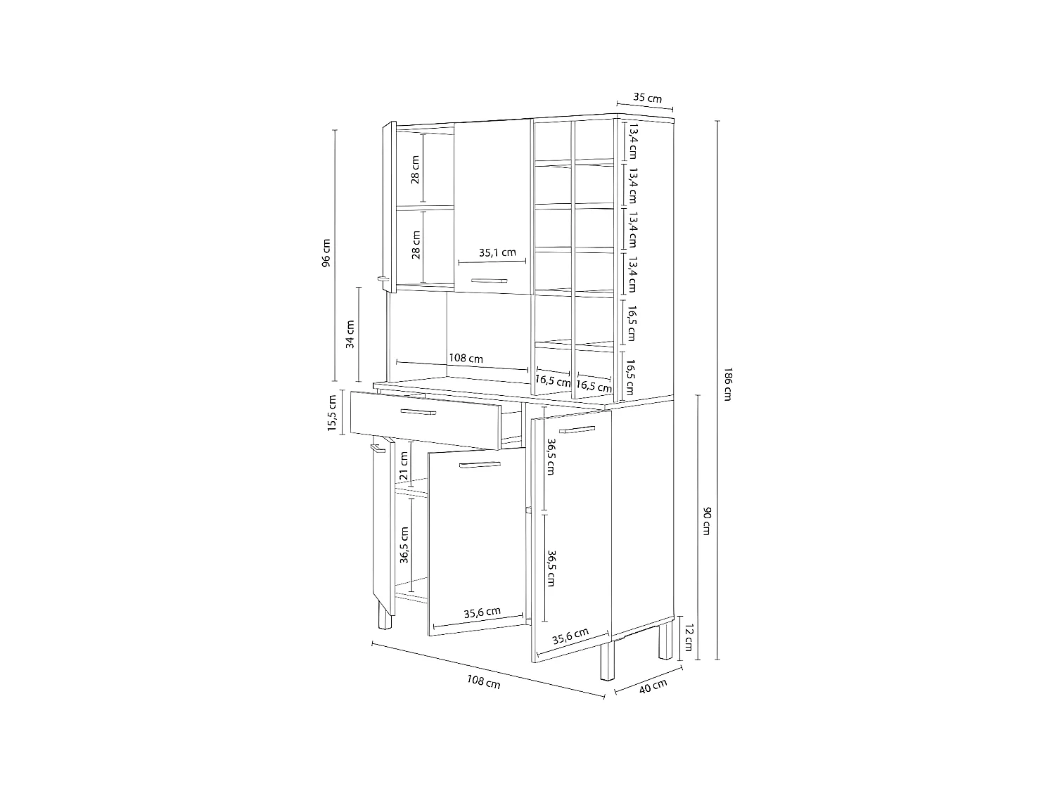 Buffet Haut 5 Portes 1 Tiroir avec Casiers H186 cm - Kira
