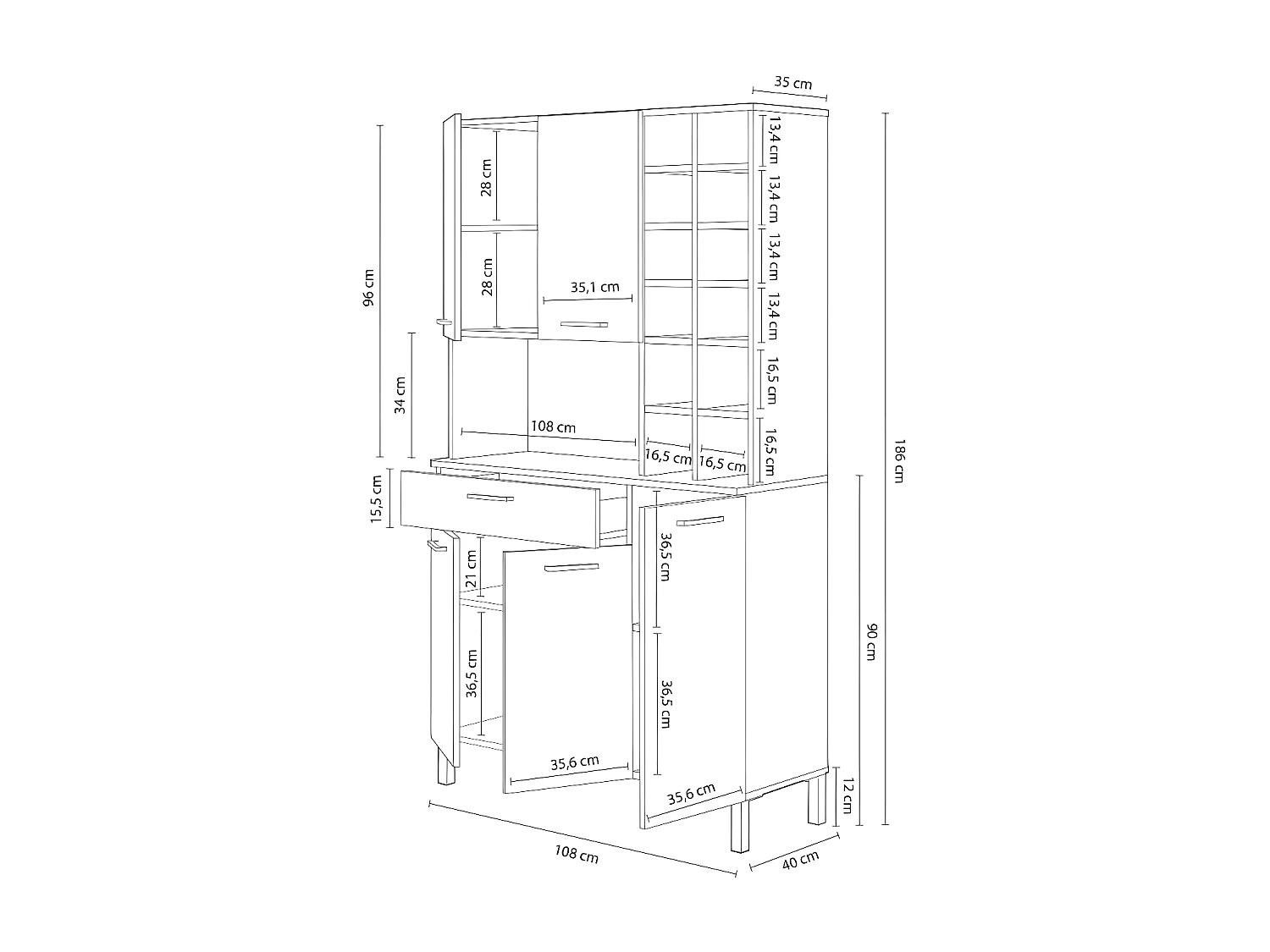 Buffetkast Hoog 5 Deuren 1 Lade met Vakken H186 cm - Kira