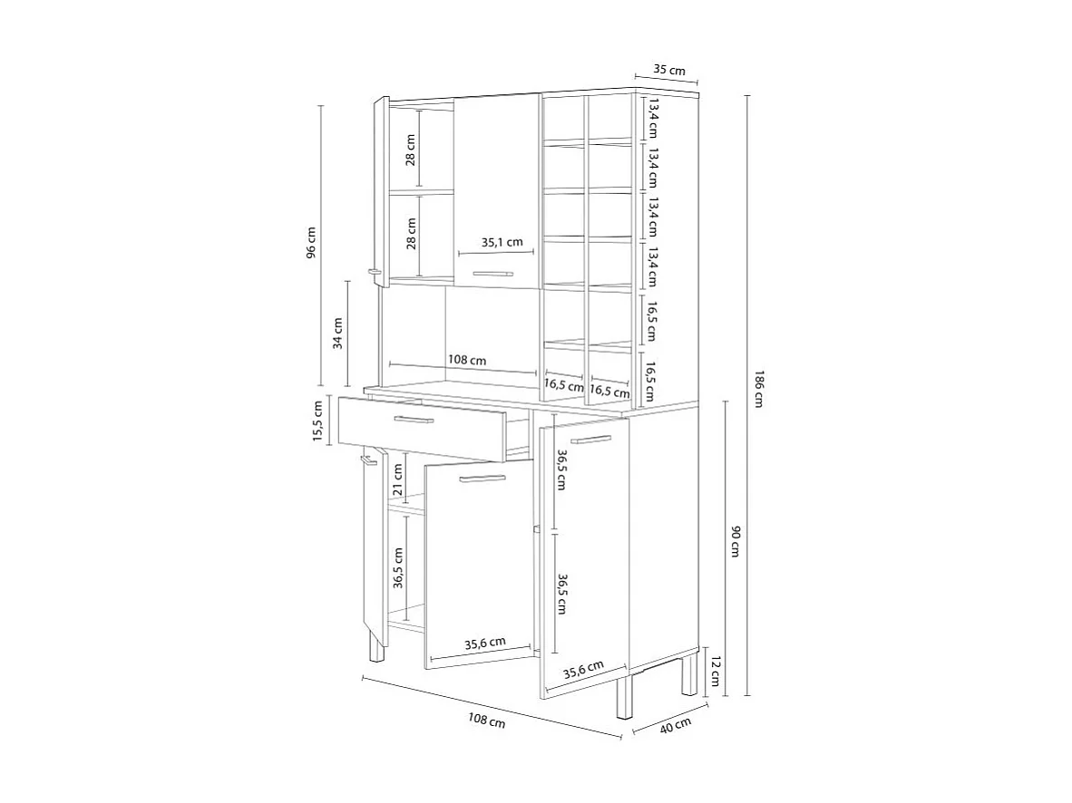 Buffet Haut 5 Portes 1 Tiroir avec Casiers H186 cm - Kira
