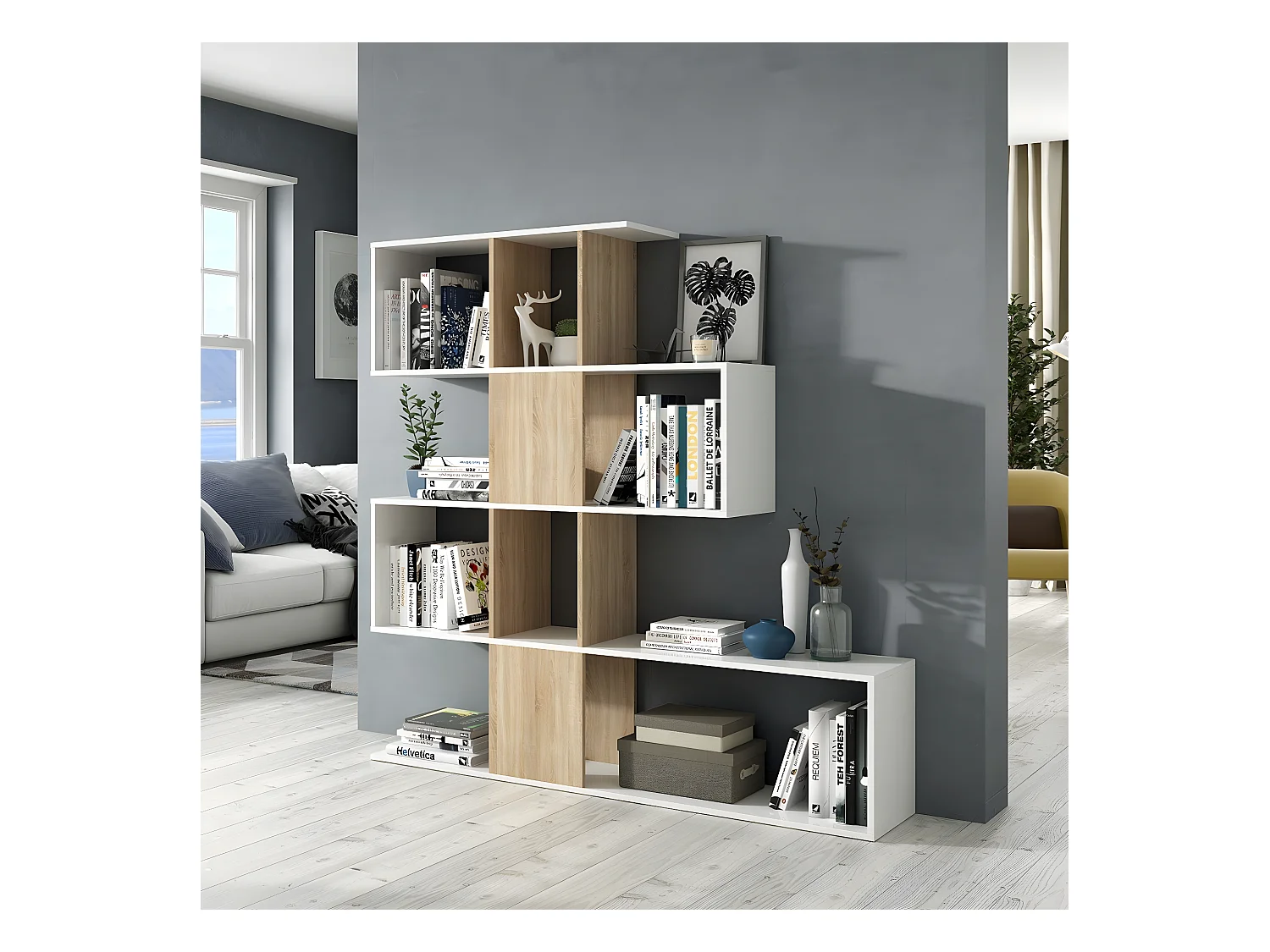 Bibliothèque avec 4 niveaux et 11 compartiments de rangement H145 cm - Zigzag