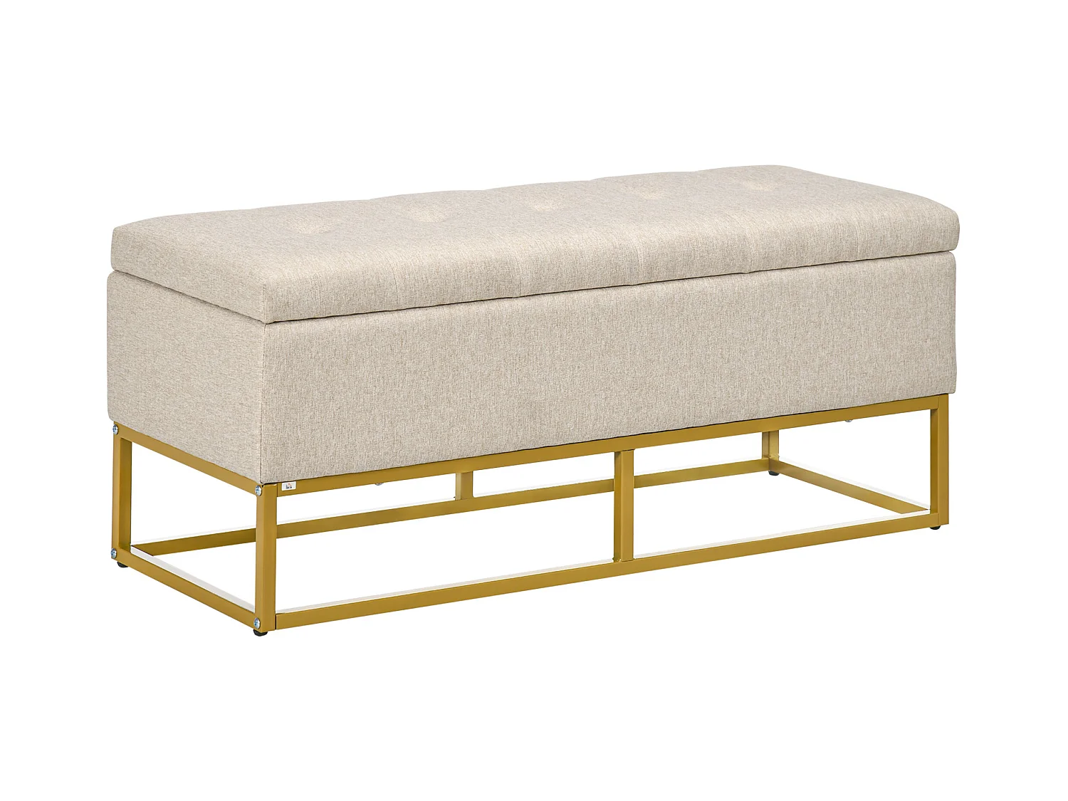 Banc banquette coffre de rangement 2 en 1 piètement acier doré assise capitonnée tissu beige