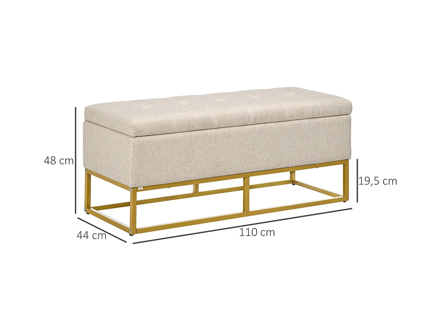 Banc banquette coffre de rangement 2 en 1 piètement acier doré assise capitonnée tissu beige