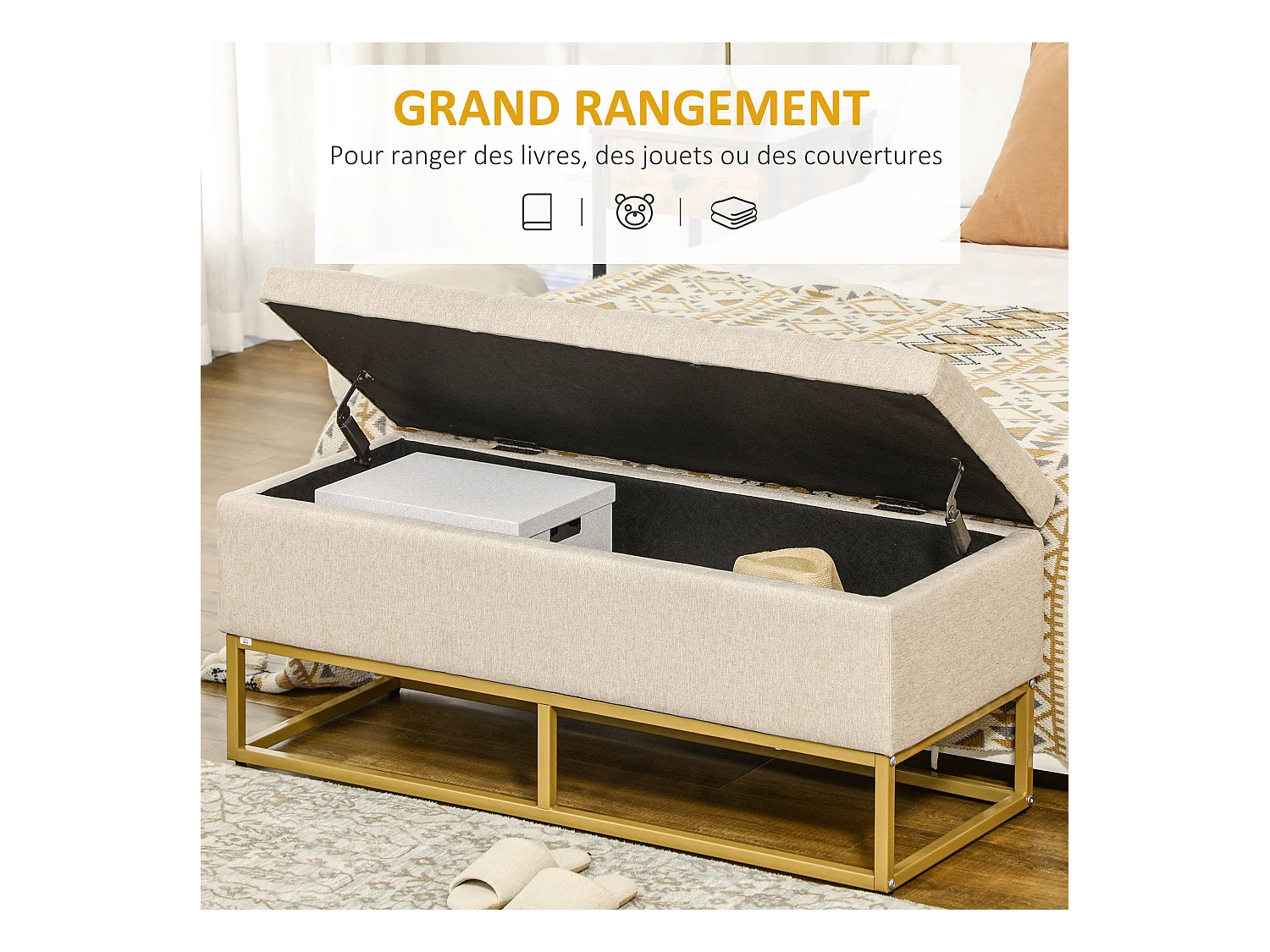 Banc banquette coffre de rangement 2 en 1 piètement acier doré assise capitonnée tissu beige