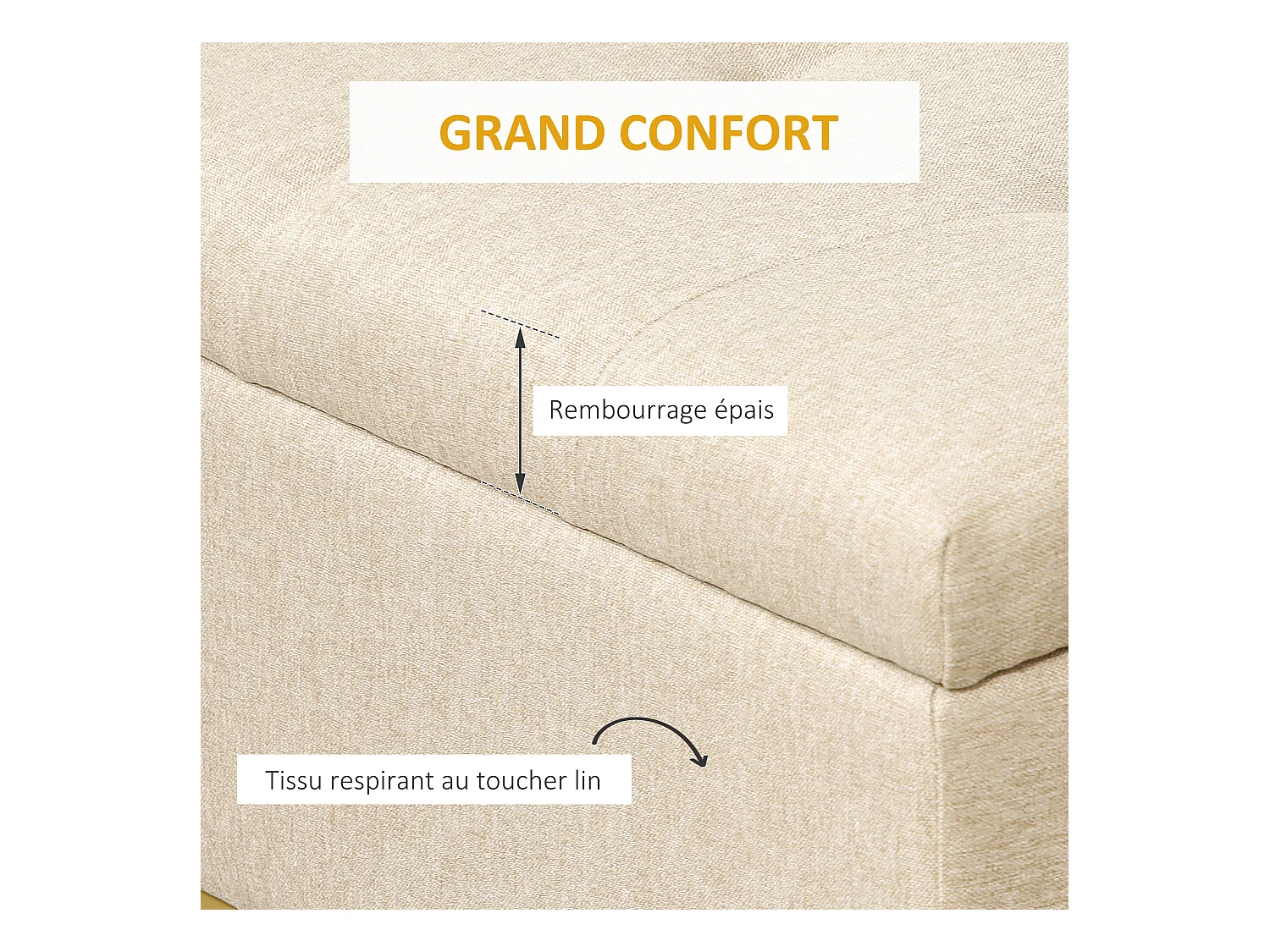 Banc banquette coffre de rangement 2 en 1 piètement acier doré assise capitonnée tissu beige