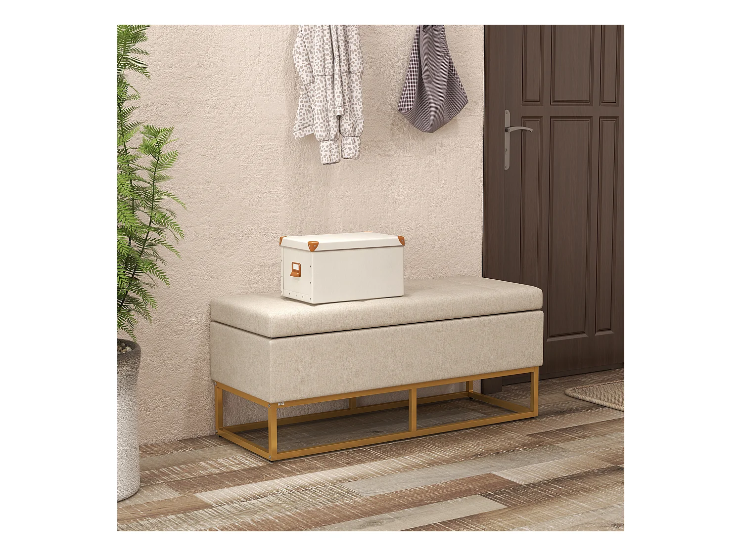 Banc banquette coffre de rangement 2 en 1 piètement acier doré assise capitonnée tissu beige
