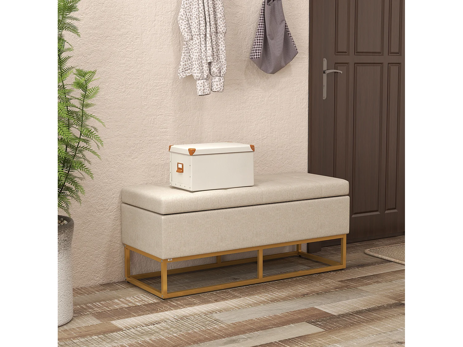 Banc banquette coffre de rangement 2 en 1 piètement acier doré assise capitonnée tissu beige