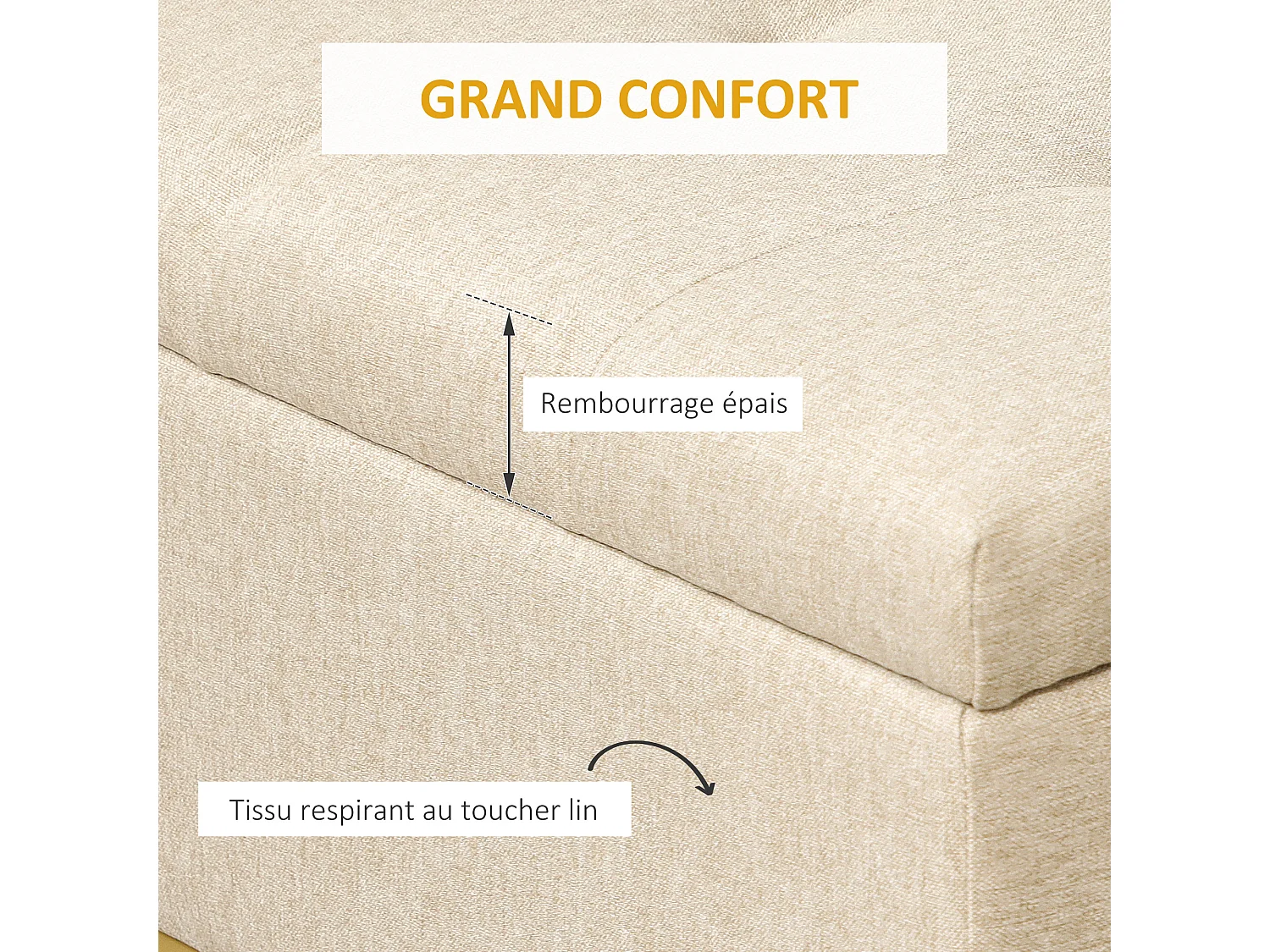 Banc banquette coffre de rangement 2 en 1 piètement acier doré assise capitonnée tissu beige