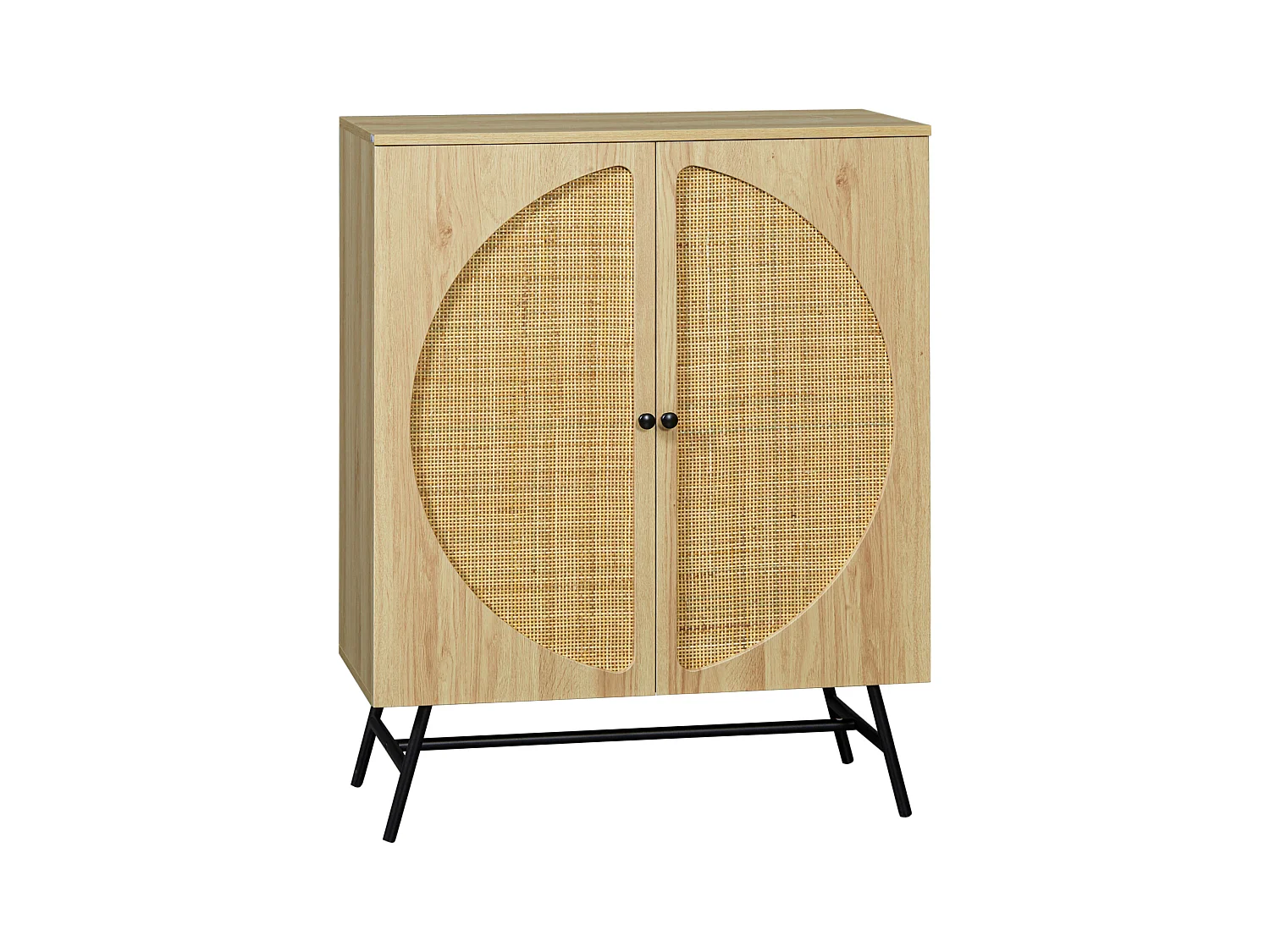 Buffet 2 portes cannage rotin avec étagère piètement métal noir aspect chêne clair