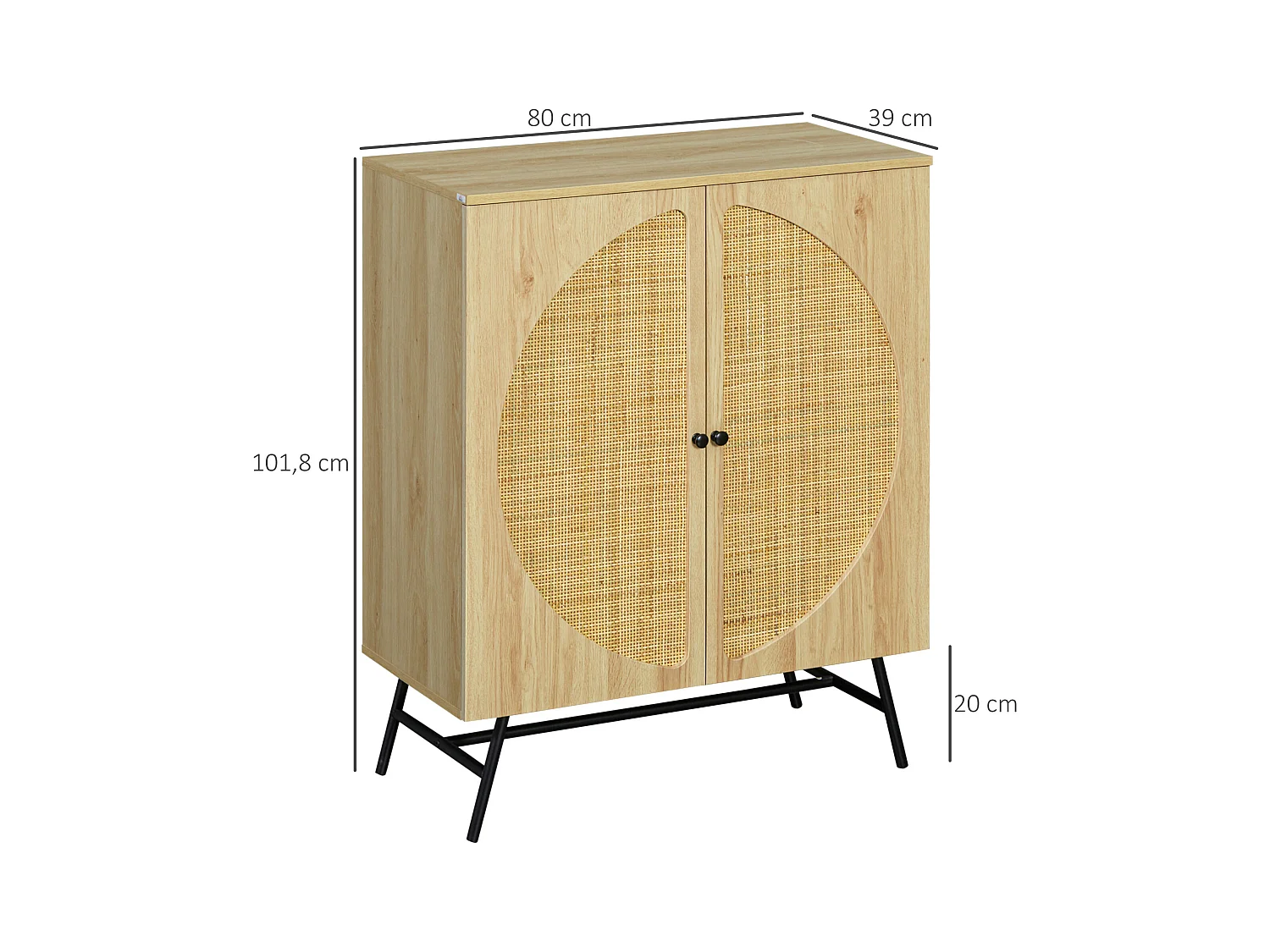 Buffet 2 portes cannage rotin avec étagère piètement métal noir aspect chêne clair