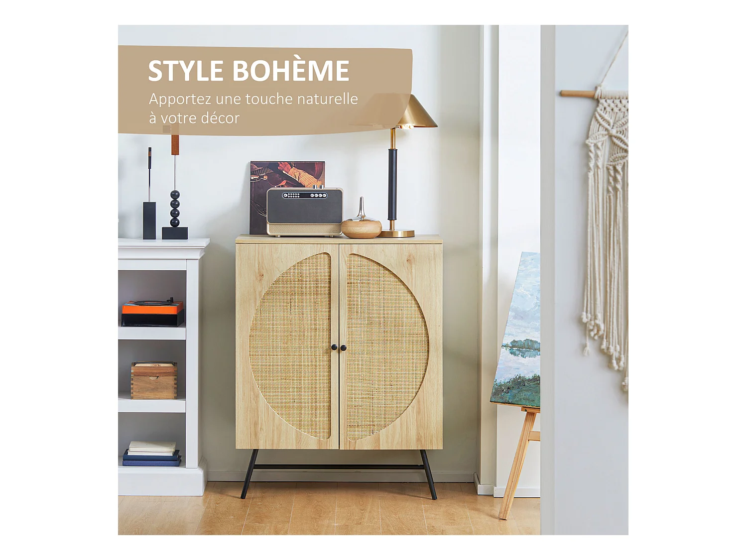 Buffet 2 portes cannage rotin avec étagère piètement métal noir aspect chêne clair