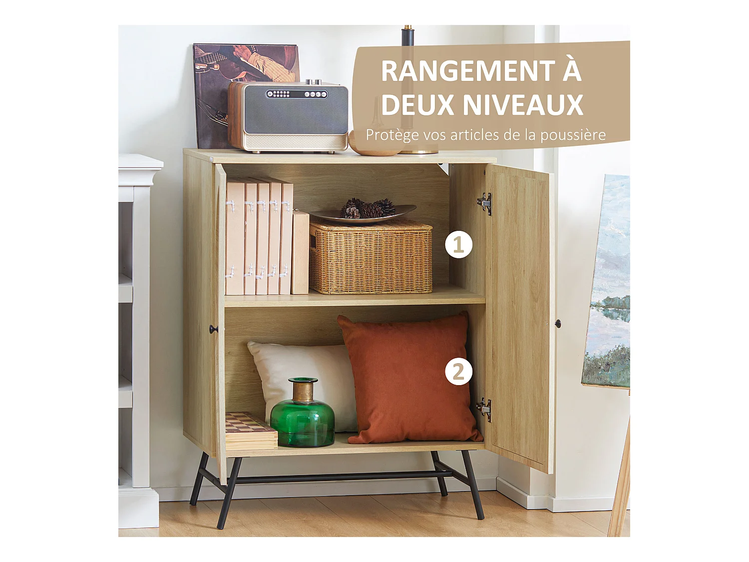 Buffet 2 portes cannage rotin avec étagère piètement métal noir aspect chêne clair