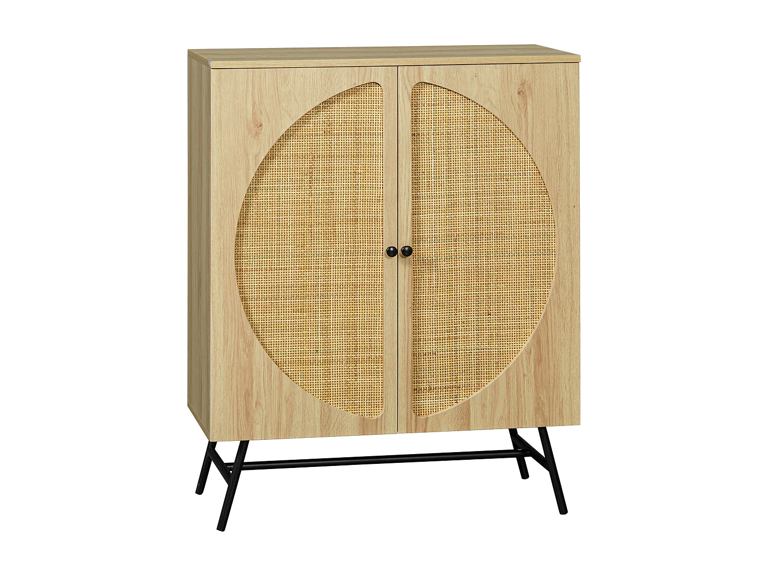 Buffet 2 portes cannage rotin avec étagère piètement métal noir aspect chêne clair