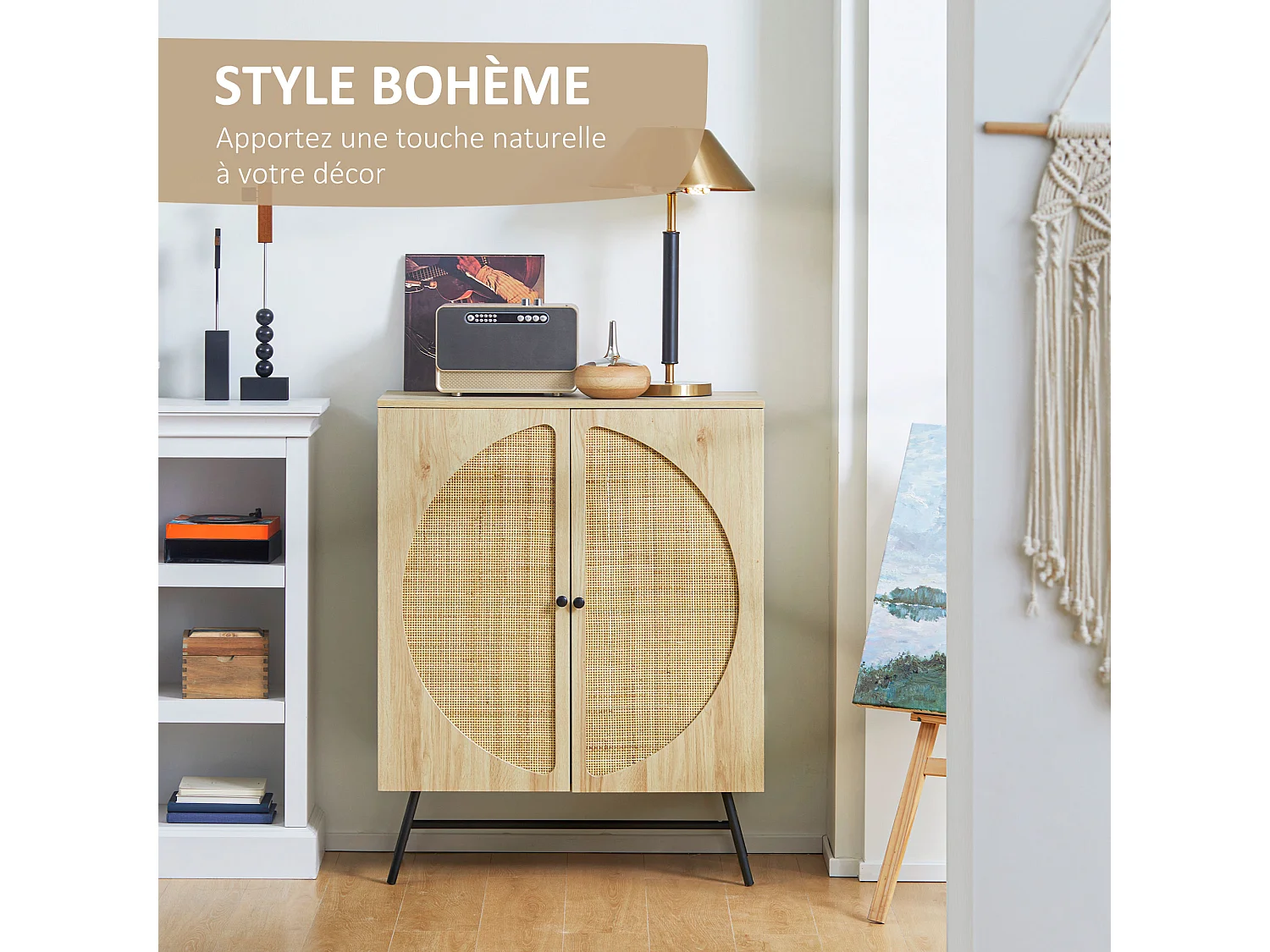 Buffet 2 portes cannage rotin avec étagère piètement métal noir aspect chêne clair