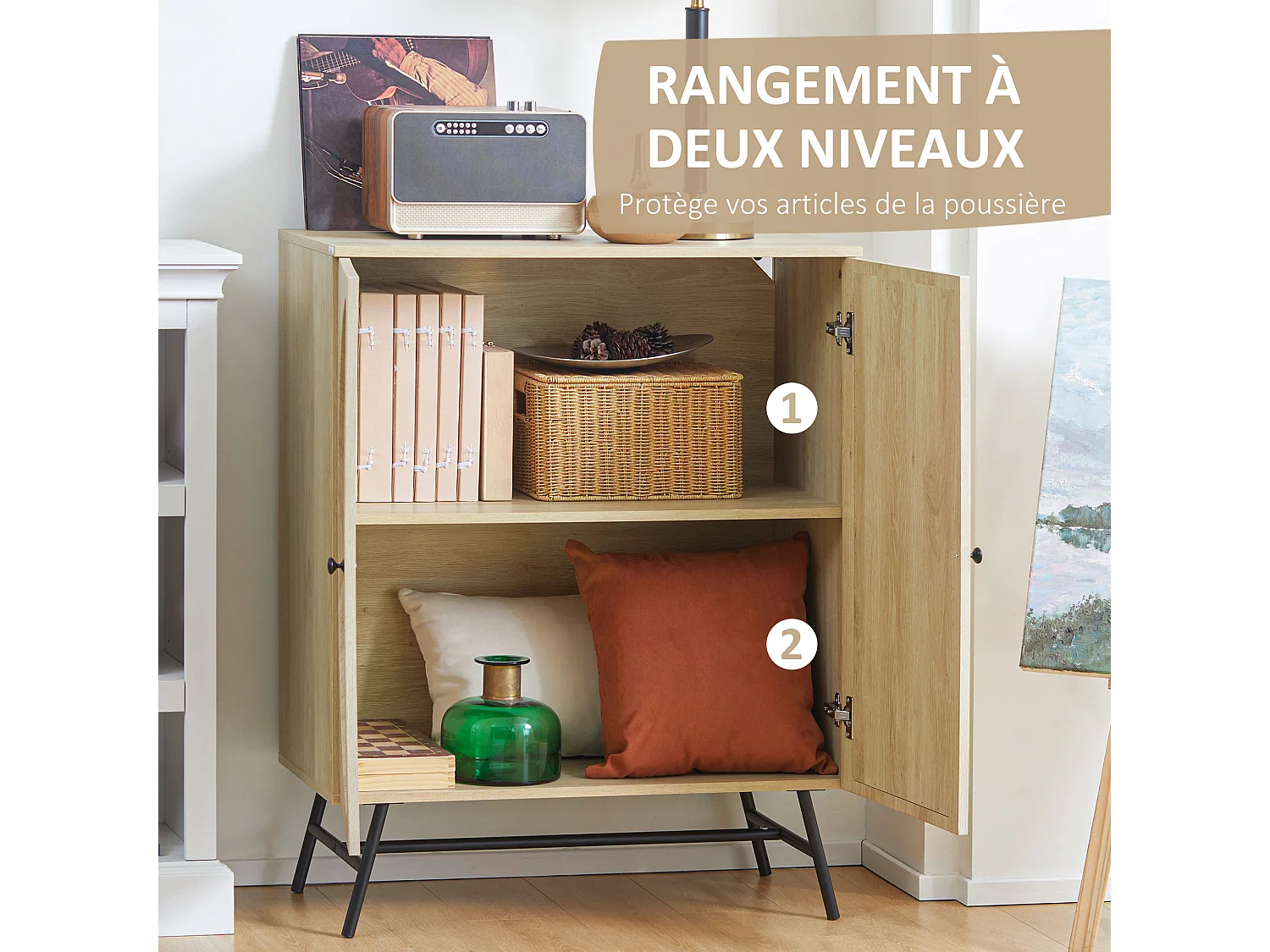 Buffet 2 portes cannage rotin avec étagère piètement métal noir aspect chêne clair