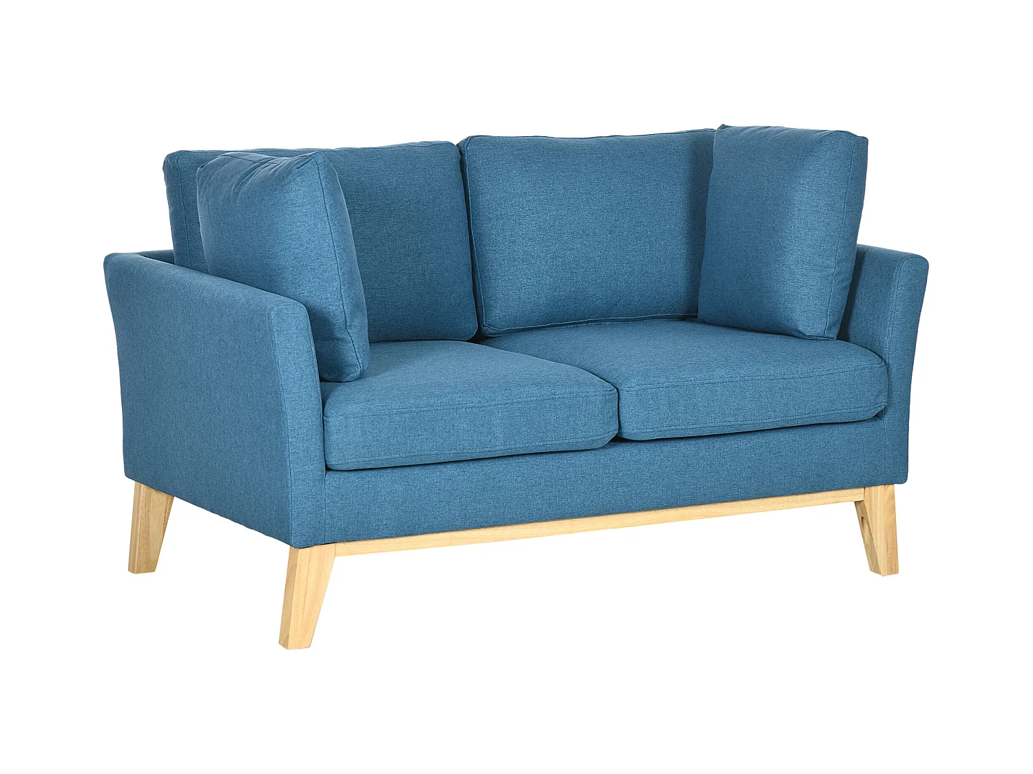 Canapé 2 places style scandinave piètement effilé incliné bois hévéa tissu aspect lin bleu