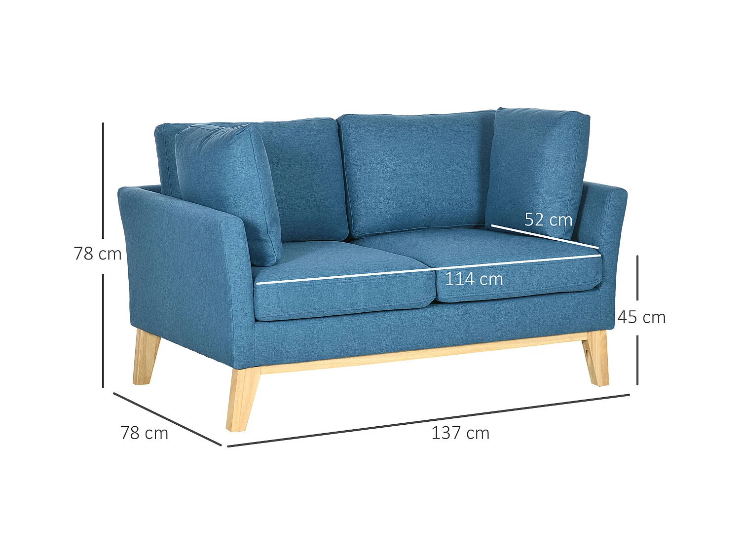 Canapé 2 places style scandinave piètement effilé incliné bois hévéa tissu aspect lin bleu