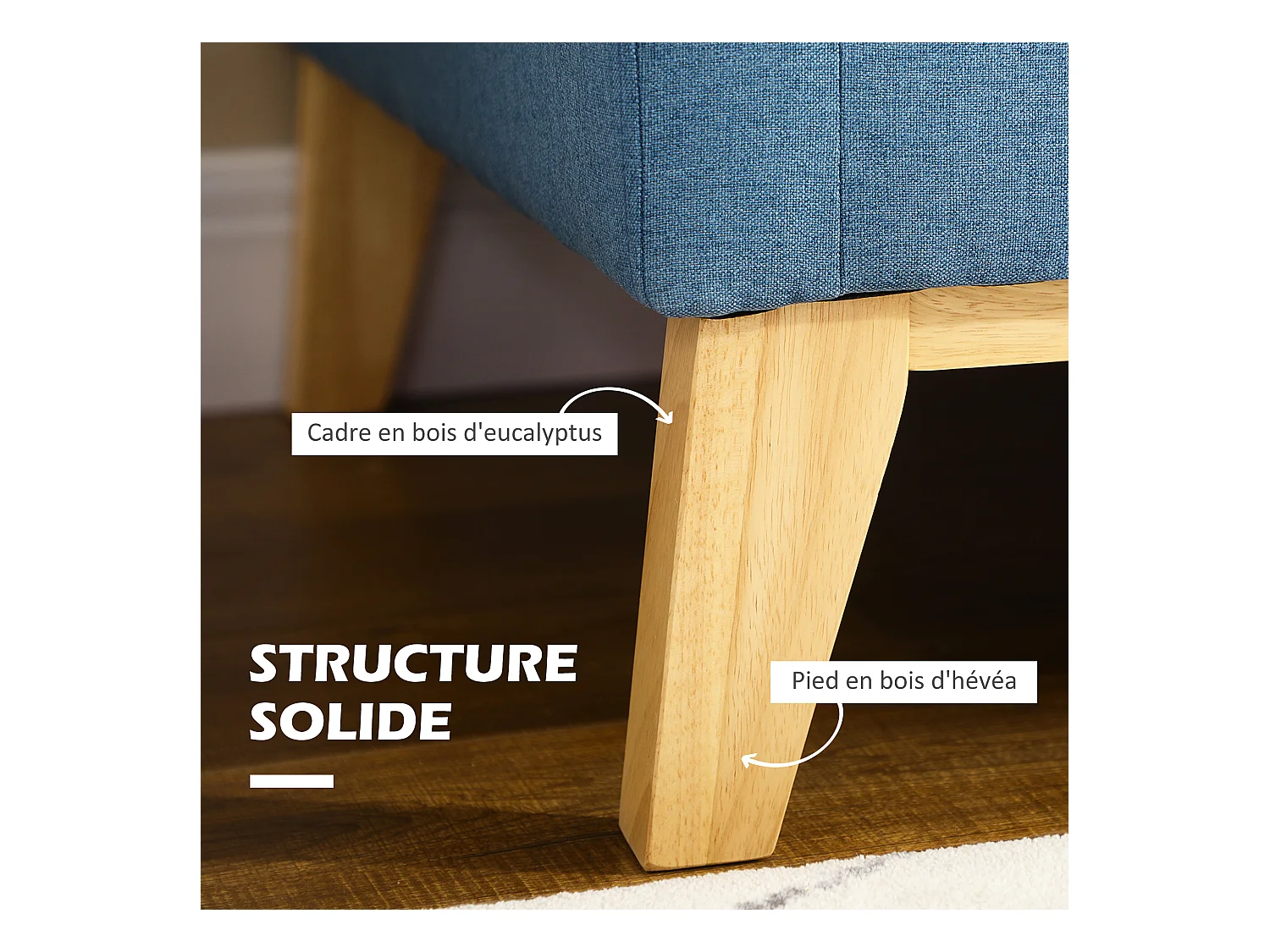 Canapé 2 places style scandinave piètement effilé incliné bois hévéa tissu aspect lin bleu