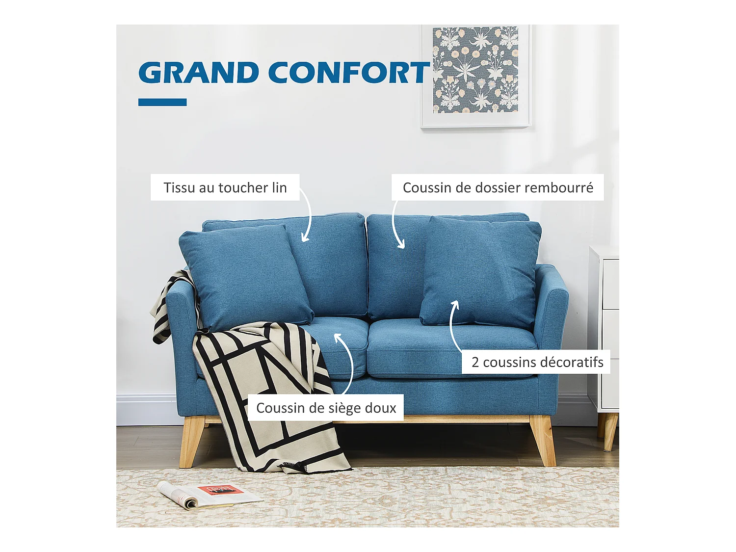 Canapé 2 places style scandinave piètement effilé incliné bois hévéa tissu aspect lin bleu