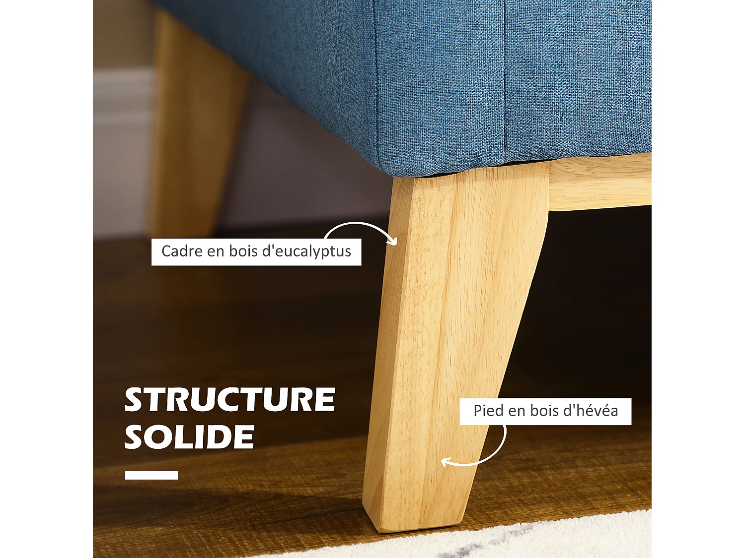 Canapé 2 places style scandinave piètement effilé incliné bois hévéa tissu aspect lin bleu