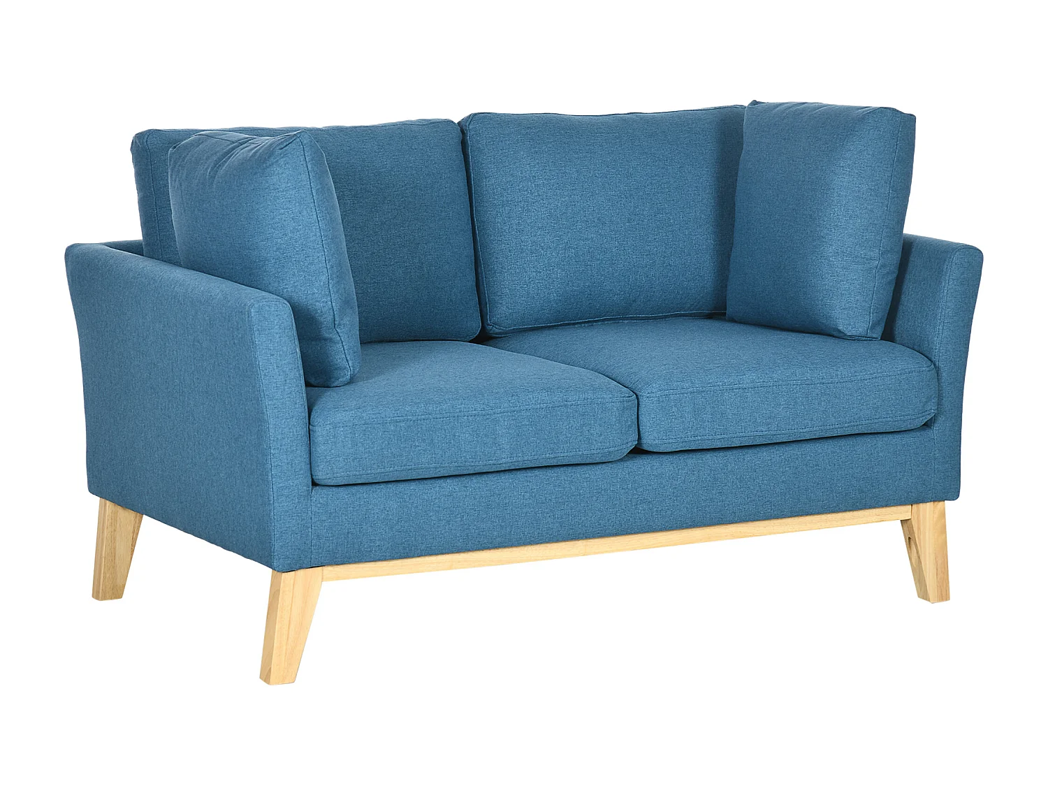 Canapé 2 places style scandinave piètement effilé incliné bois hévéa tissu aspect lin bleu