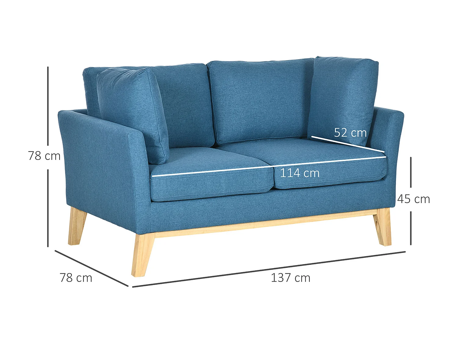 Canapé 2 places style scandinave piètement effilé incliné bois hévéa tissu aspect lin bleu