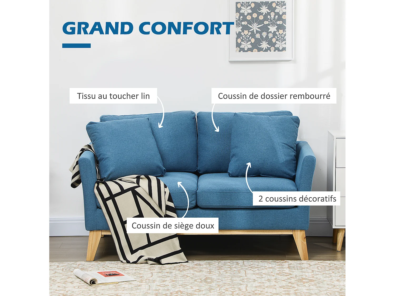 Canapé 2 places style scandinave piètement effilé incliné bois hévéa tissu aspect lin bleu