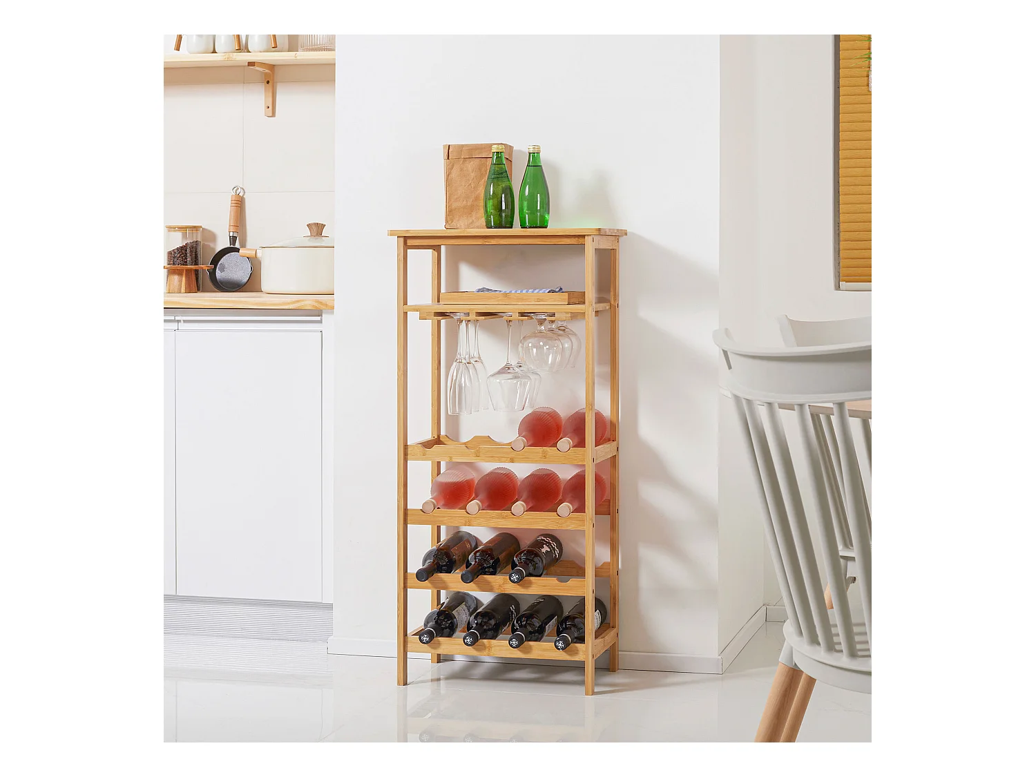 Meuble range bouteilles et verres bambou style naturel - 16 bouteilles, 9 verres - dim. 47L x 29l x 99H cm