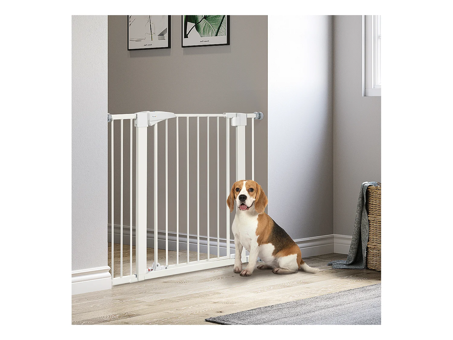 Barrière de sécurité animaux réglable 76-103L cm - porte 2 verrouillages, ouverture 2 sens - acier ABS blanc