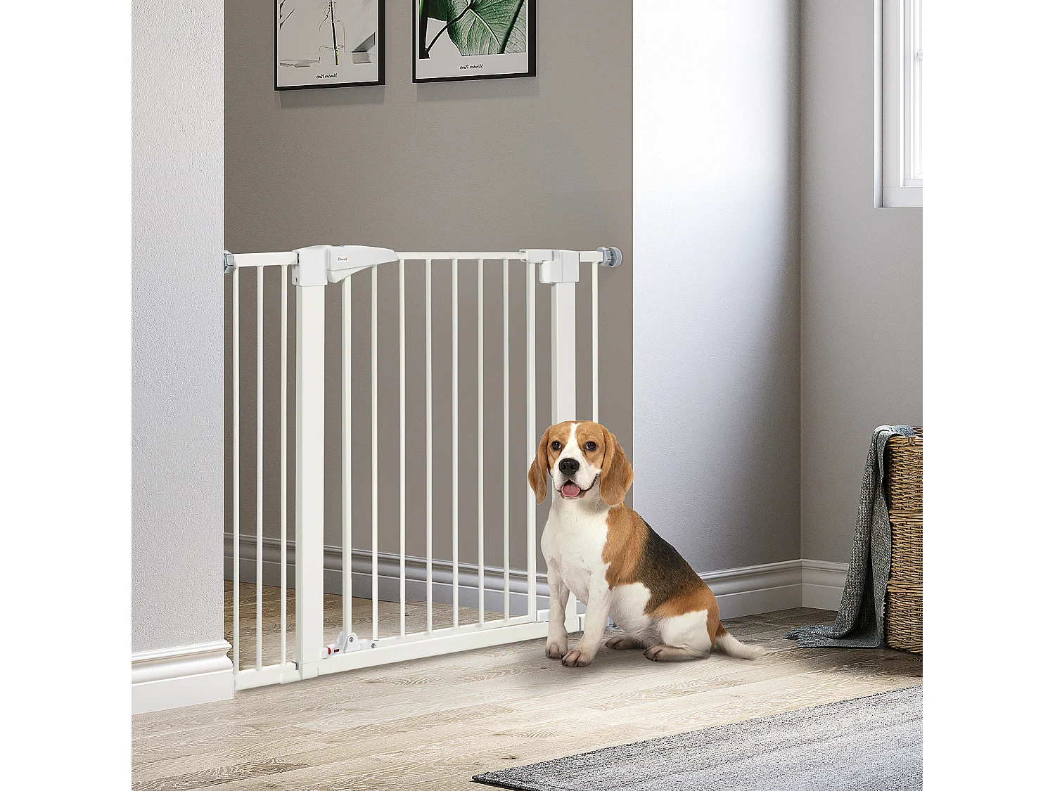 Barrière de sécurité animaux réglable 76-103L cm - porte 2 verrouillages, ouverture 2 sens - acier ABS blanc