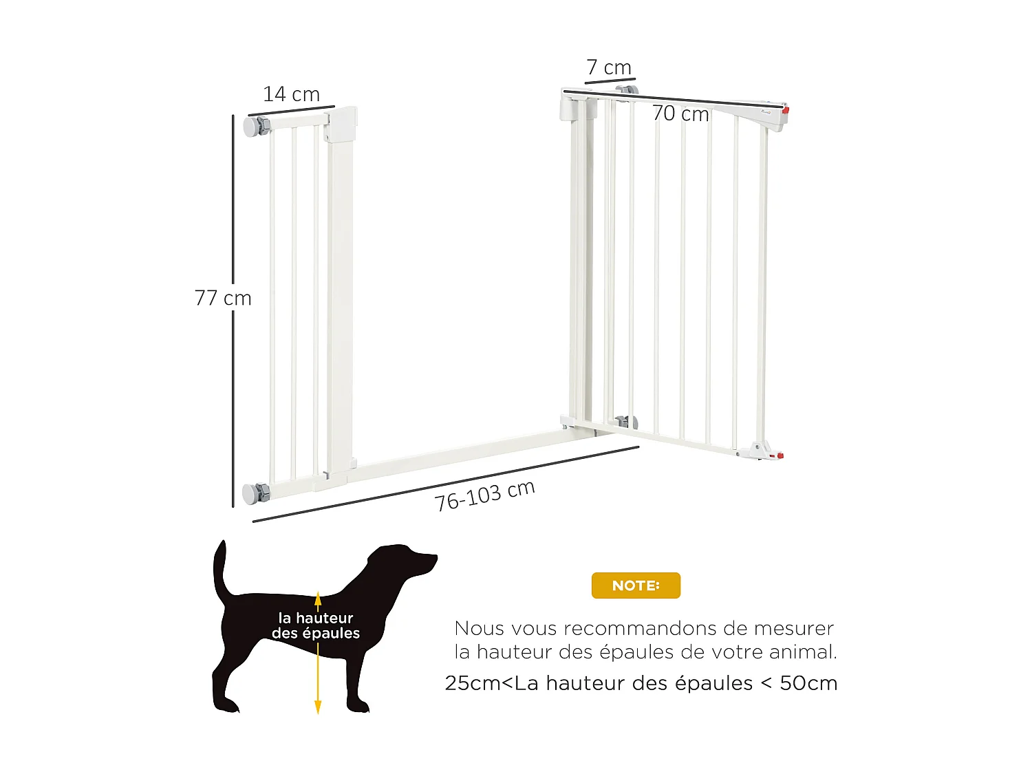 Barrière de sécurité animaux réglable 76-103L cm - porte 2 verrouillages, ouverture 2 sens - acier ABS blanc