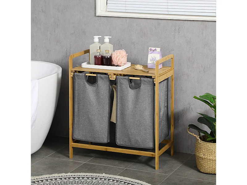 Panier à linge corbeille à linge en bambou 2 paniers amovibles non-tissé gris foncé