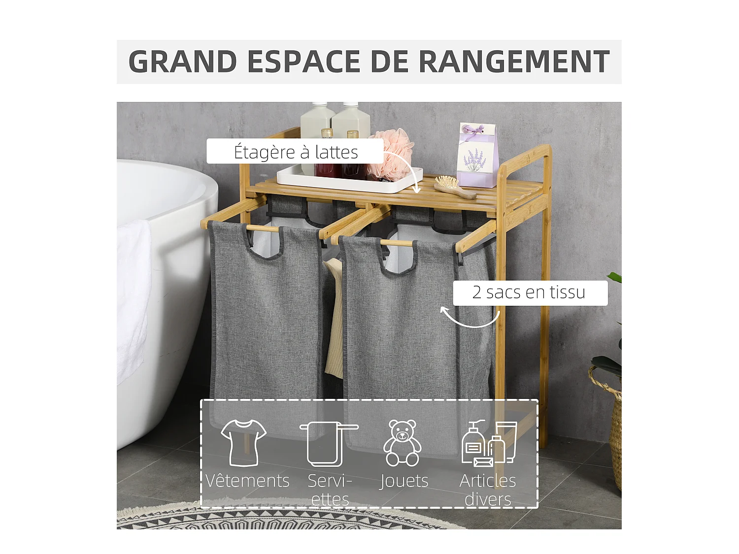 Panier à linge corbeille à linge en bambou 2 paniers amovibles non-tissé gris foncé